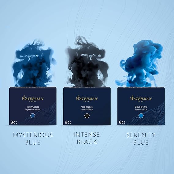 Waterman Fountain Pen Ink Cartridges, Long, Mysterious Blue, 8 Count (Pack of 2)