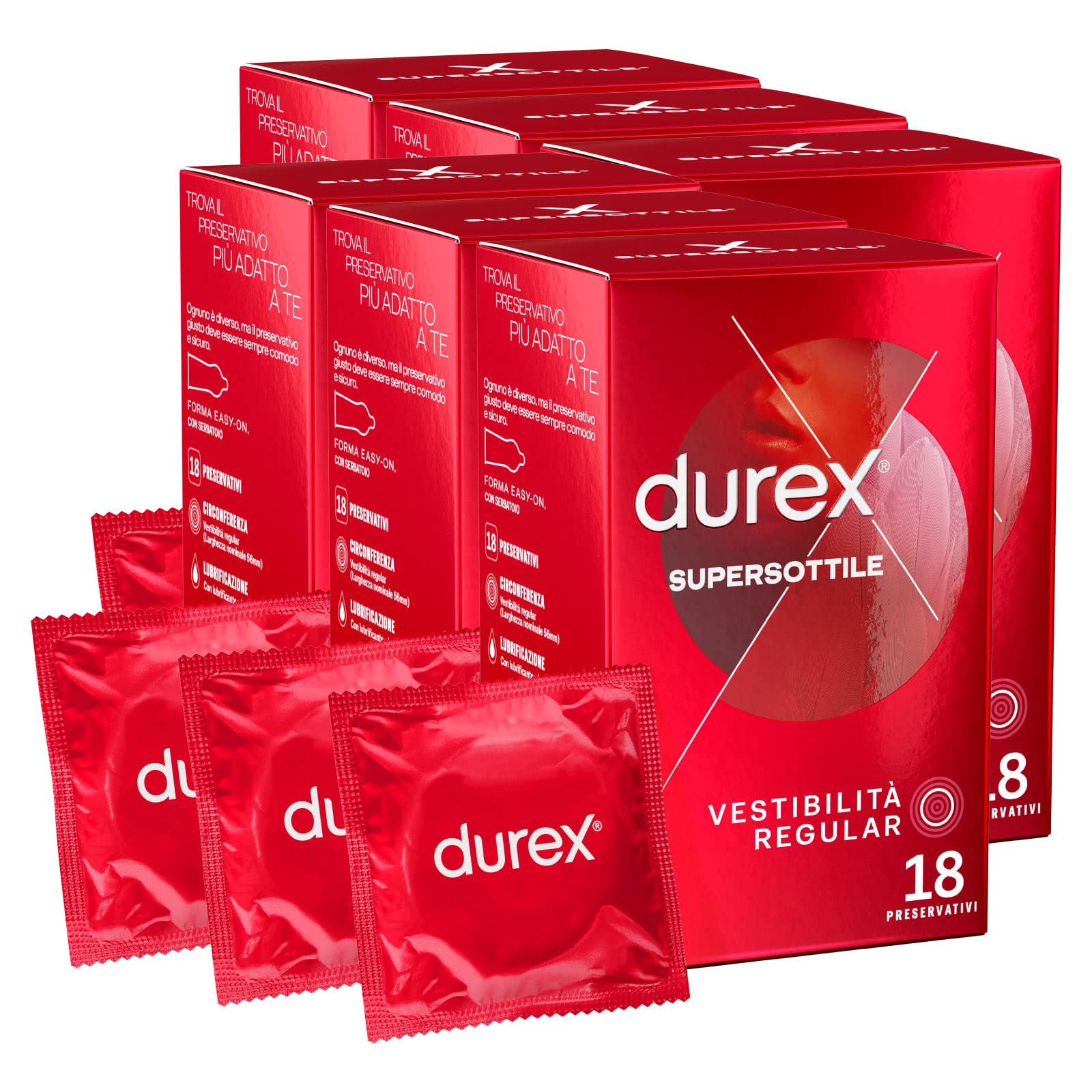 Durex Supersottile Preservativi Uomo in Lattice di Gomma Naturale Trasparenti e Lubrificati Forma Easy-On con Serbatoio Vestibilità Regular Spessore Sottile - 6 Confezioni da 18 Profilattici