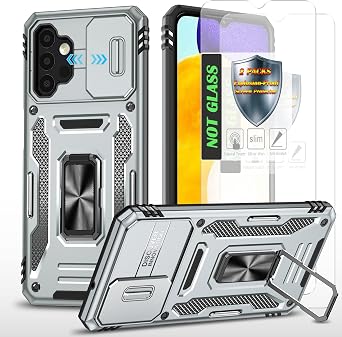 Case for A13,Galaxy A13 Case with Slide Camera Cover & [2 Packs] Explosion-Proof Flim,360 Rotate Ring Stand Magnetic Cover Case for Samsung Galaxy A13-Grey