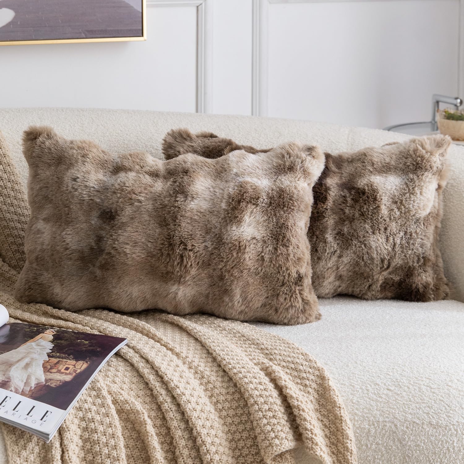 Madizz Pack of 2 Thick Plush Faux Wool Cushion Covers 30x50 cm Mottled Brown Soft Neutral Decorative Throw Pillow Covers Accent Boho Pillowcases for Couch Sofa Bedroom Pillow Shell
