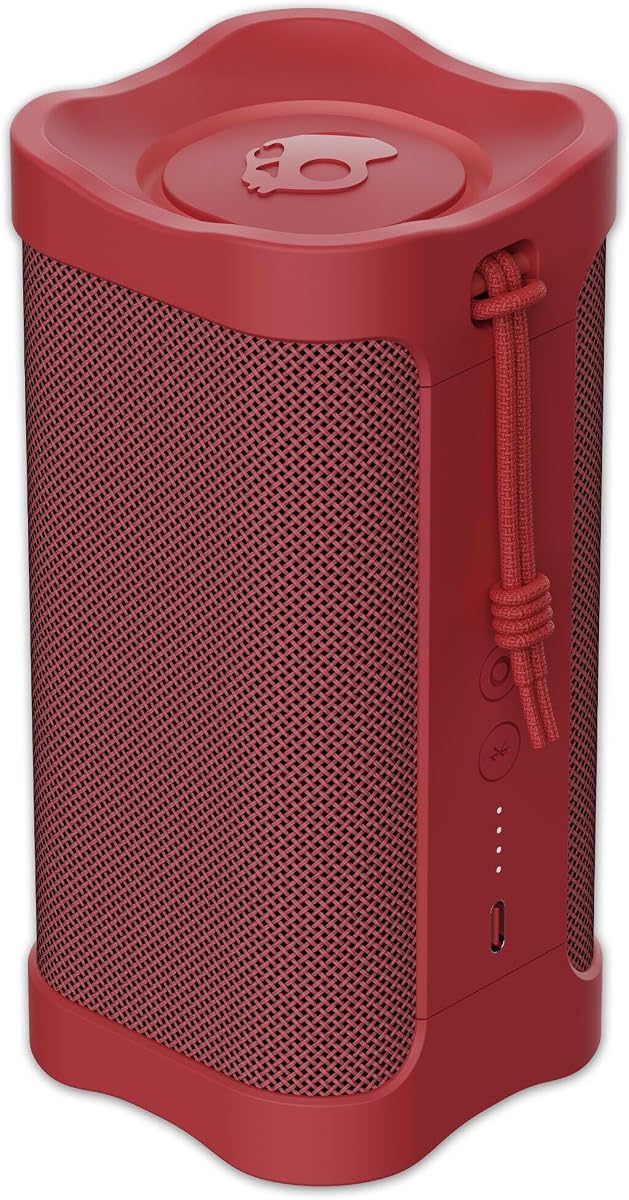 Altavoz inalámbrico Bluetooth Skullcandy - Altavoz portátil resistente al agua IPX7 con radiadores pasivos personalizados duales, batería de 14 horas, envoltura de muñeca de nylon y estéreo inalámbrico verdadero (rojo)