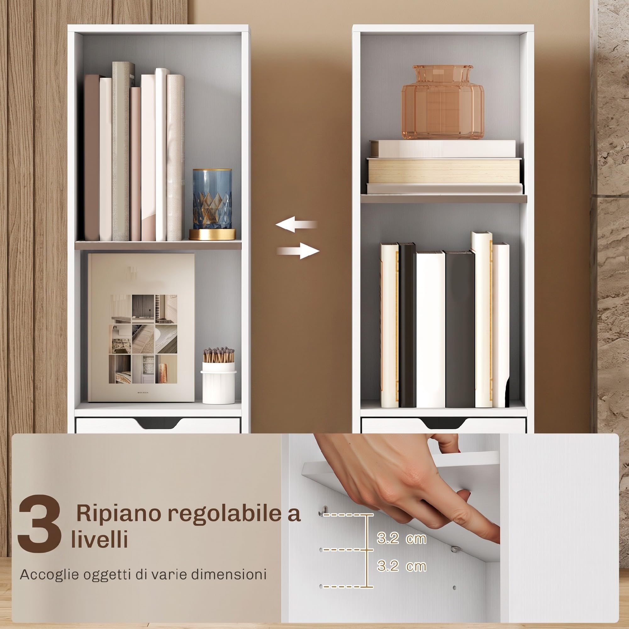HOMCOM Libreria Scaffale a 6 Livelli con Armadietto 30x24x158 cm Bianco | Libreria Verticale Salvaspazio, Ripiano Regolabile, Cassetto, Soggiorno, Camera da Letto, Ufficio, Studio