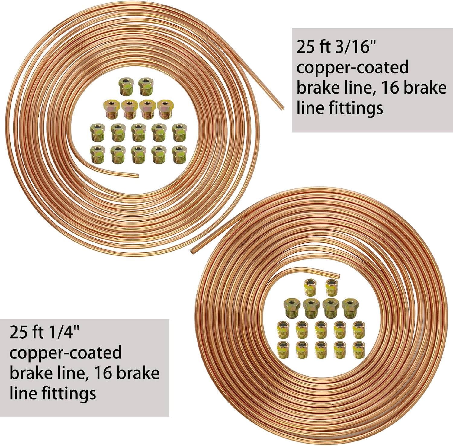 2 Sets of 50Ft Brake Line Tubing Kit 25 ft 3/16" and 25 ft 1/4" Brake Line Tubing(Includes 32Fittings) Flexible Tube Kit Copper Coated