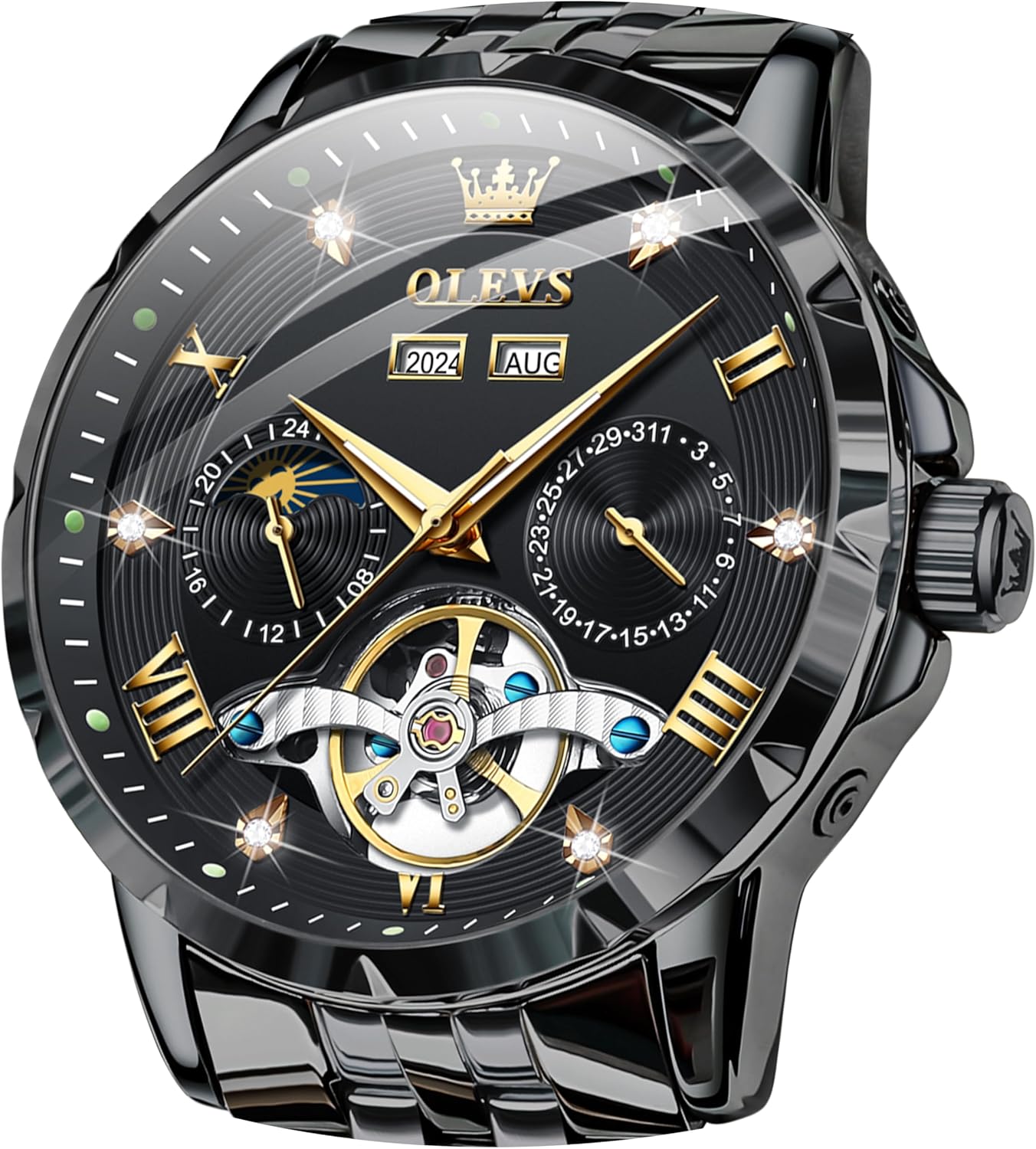 OLEVS Automatic Watches for Men Self Winding Mechanical Skeleton Luxury Dress Stainless Steel Diamond Men Wrist Watches