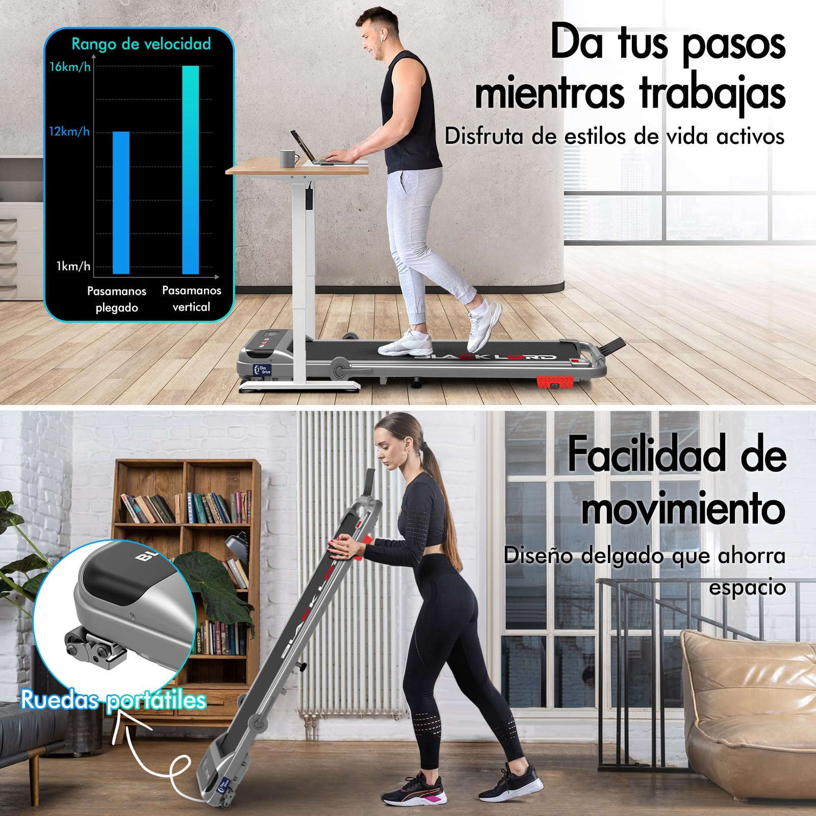 BLACK LORD Cinta de Correr, Walking Pad con/sin inclinación del 9%, Superficie de Carrera,9/12/16km/h, para Debajo del Escritorio, Pantalla LED, portátil,silenciosa,Capacidad de Peso de 120/130/140kg