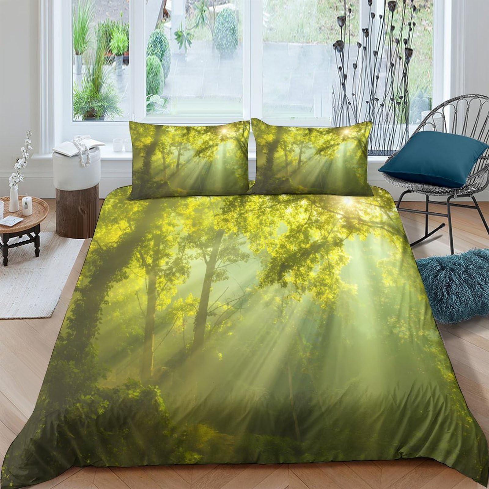 TUFRTGYHN 3D Printed Forest Sunlight Duvet Cover Microfiber Soft Breathable Woodland Bedding Set with 2 Pillowcases for Bedroom Decor Single（135x200cm）