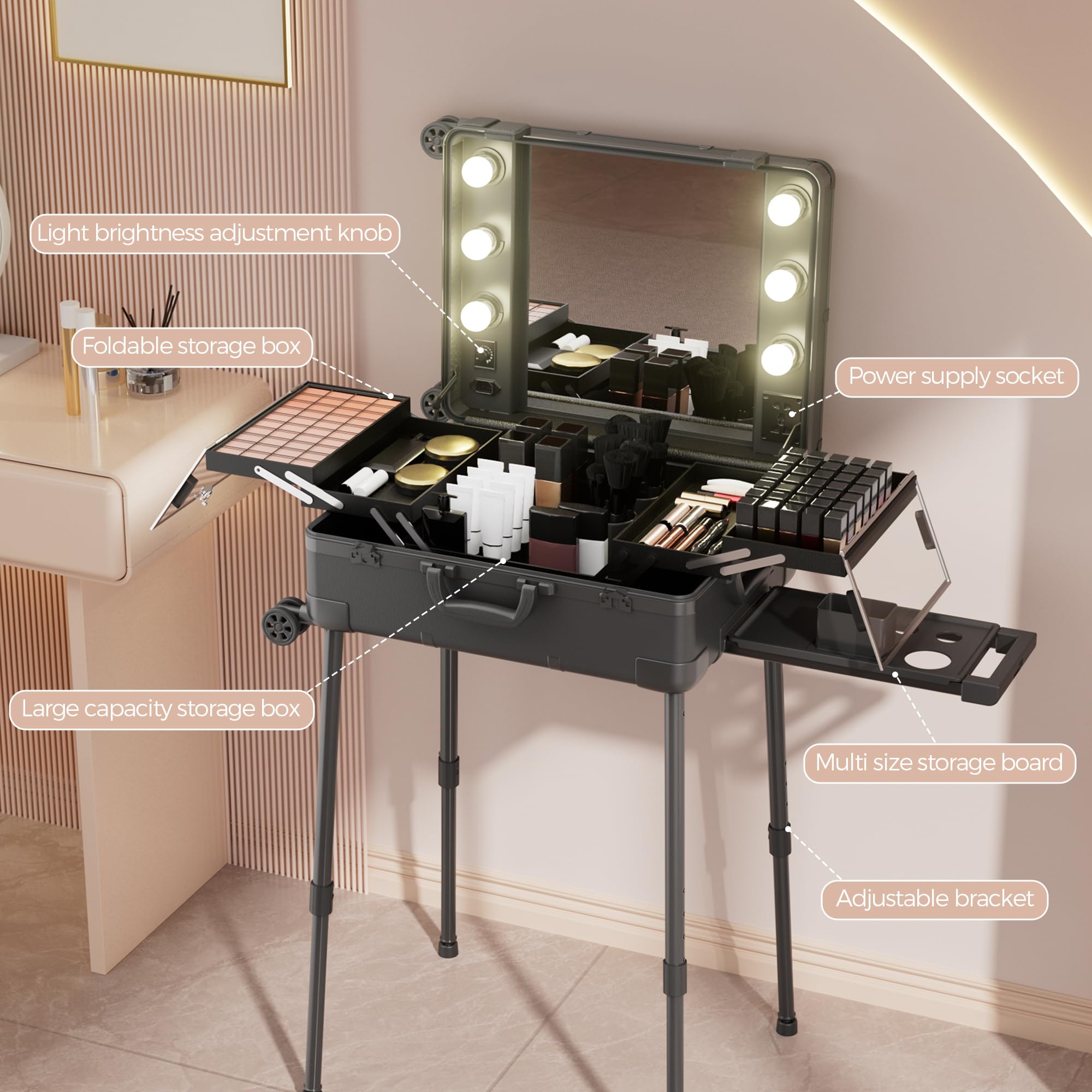 Valigia per il trucco con ruote in alluminio, grande specchio con 6 lampadine, organizzazione di cosmetici con serratura a codice, stazione per trousse trucco pieghevole per viaggio e studio