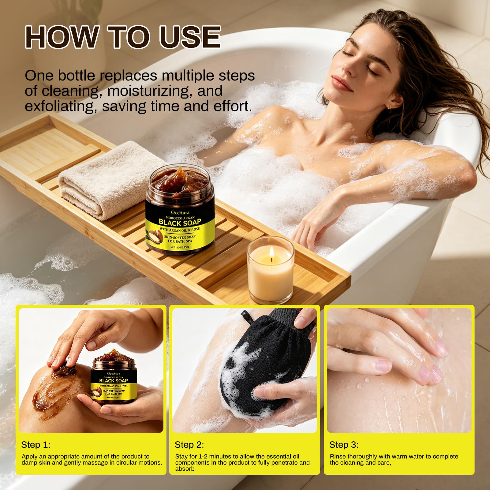 Sapone nero esfoliante marocchino 180g, sapone nero marocchino con argan e rosa, scrub corpo marocchino, sapone nero marocchino biologico con guanto esfoliante per la pelle morbida