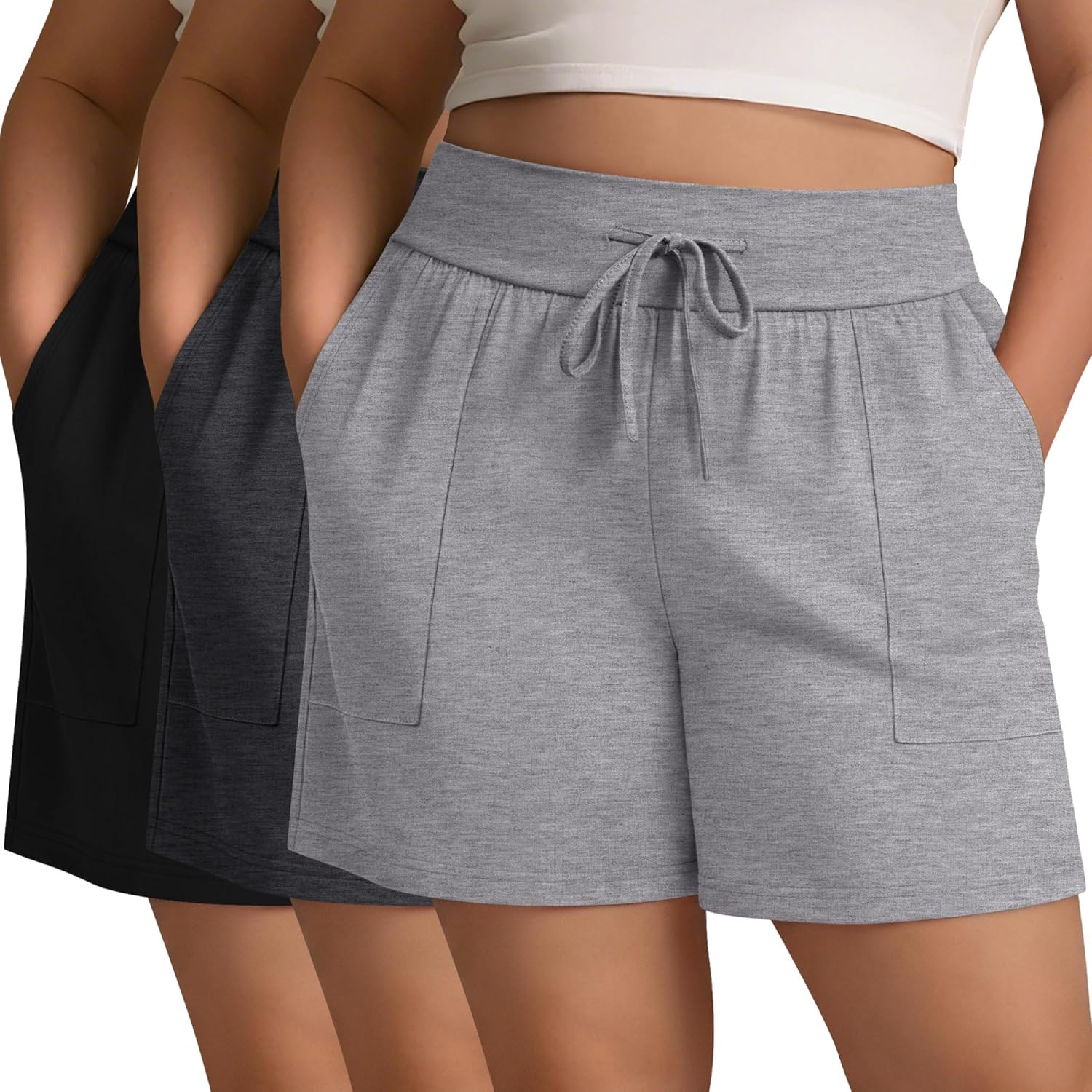 3 Pack Women's Plus Size Shorts, Drawstring Sweat Shorts Loose Lounge Running Athletic Shorts with Pockets