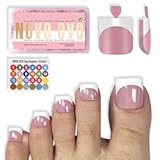 NOVO OVO White French Tip Toe Nail Tips Press on BERRY PINK, Sharp Square Medium Pre-Designed Soft Gel Full Cover False Acrylic Toenail Extension, Need Builder Gel Top Coat, for DIY x 15 Sizes 150 pcs