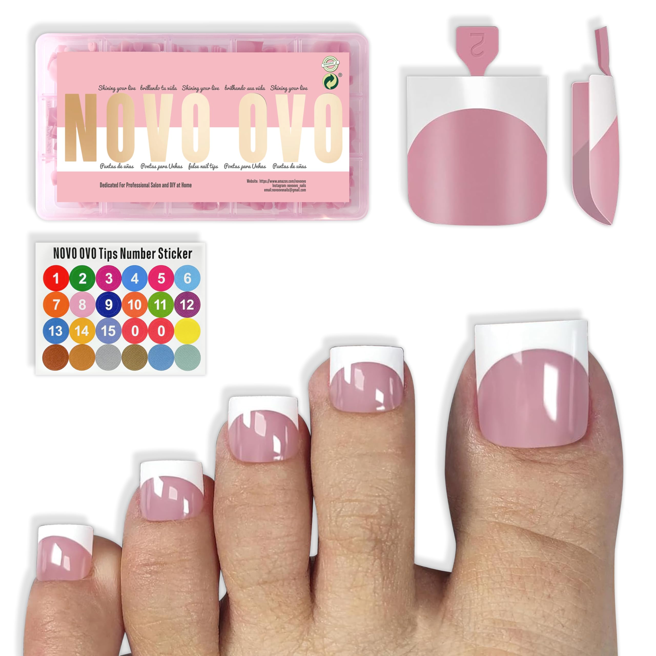 NOVO OVO Press on Toenails, Toe Nail Press ons for Women, White French Tip Sharp Square Pre-Designed Soft Gel Thick False Toenail Extension, BERRY