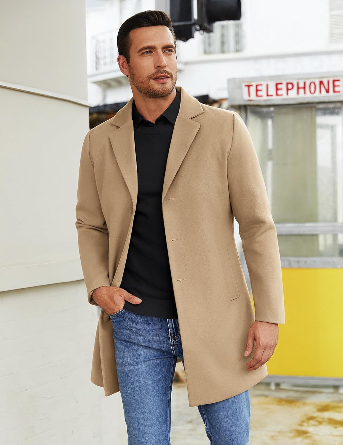 COOFANDY Mens Wool Blend Coat Winter Trench Coats Notched Lapel Collar Single Breasted Overcoat Classic Peacoat With Pockets - Image 2