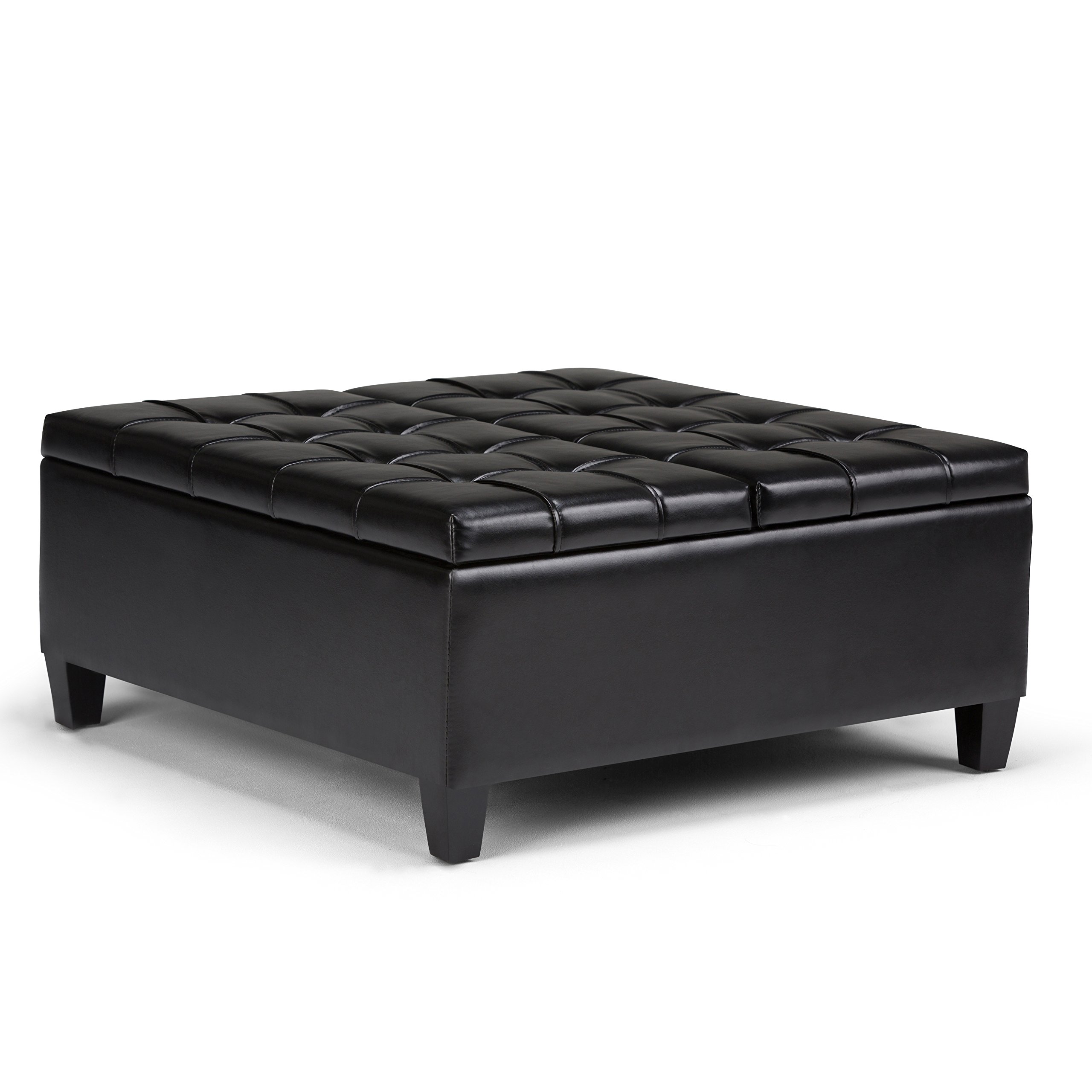SIMPLIHOME Harrison 36 inch Wide Square Coffee Table Lift Top Storage Ottoman, Cocktail Footrest Stool in Upholstered Midnight Black Tufted Faux Leather for the Living Room, Traditional