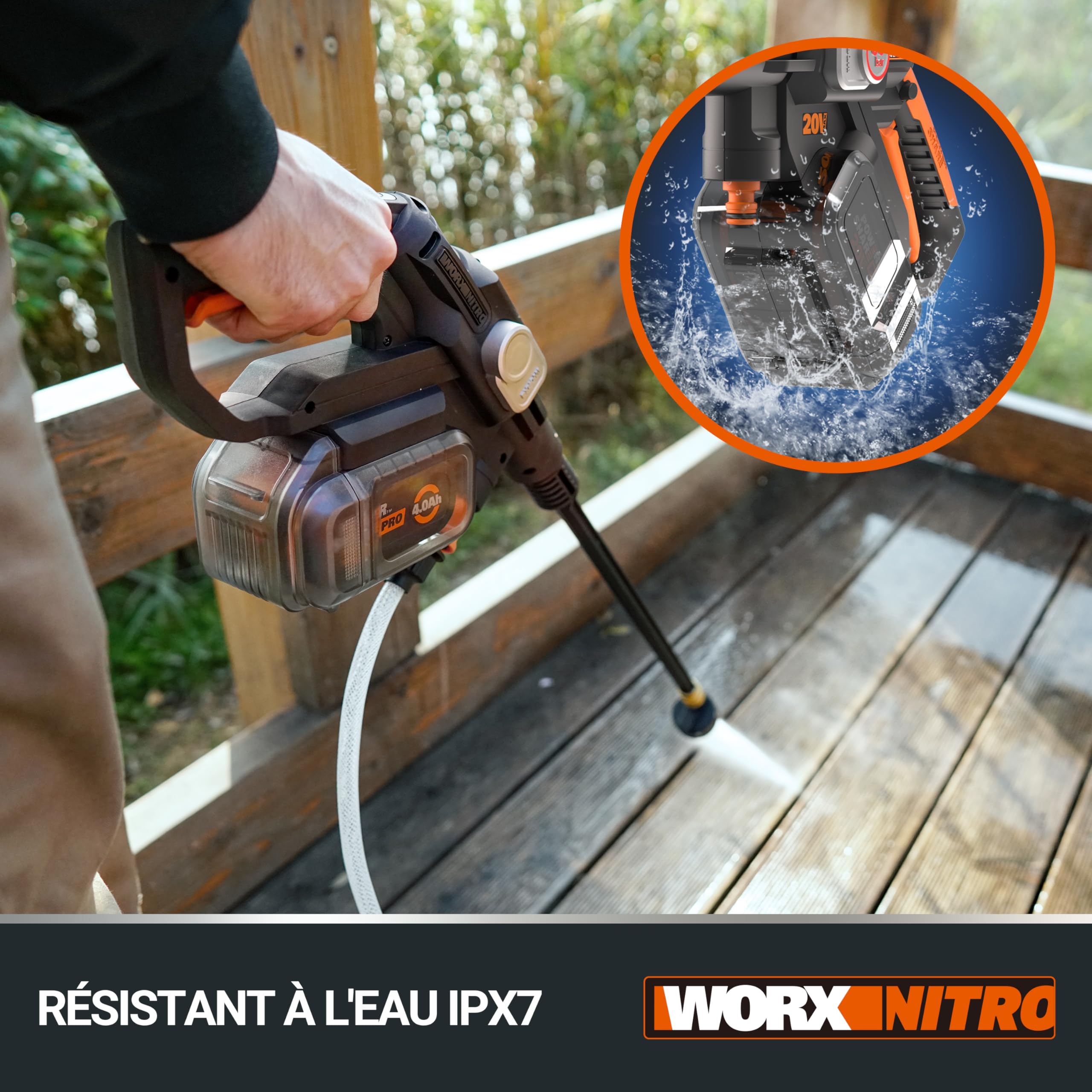 WORX Nettoyeur Haute Pression sans Fil Brushless 20V Hydroshot WG633E, Outil Mobile sans raccord d'eau Fixe, livré ave 1 Batterie 4Ah, Chargeur, Tuyau 6m, Lance Longue, buse à Jets Multiples