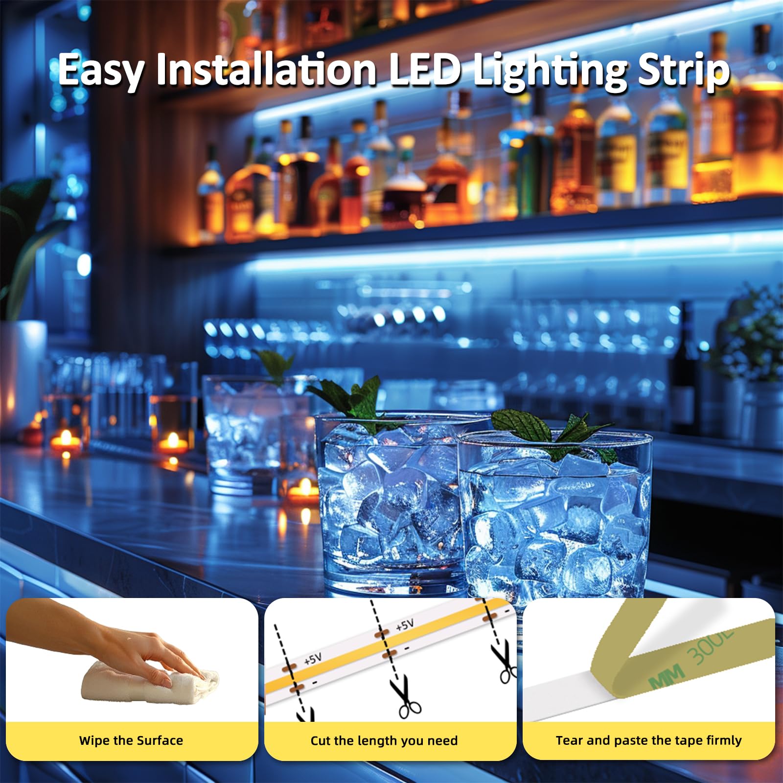 Luce di striscia del LED blu ghiaccio 5V USB LED COB 20000K 3.3ft/1M 320LEDs non dimmerabile ad alta luminosità Uso interno flessibile luci a nastro LED per luci posteriori fai da te led