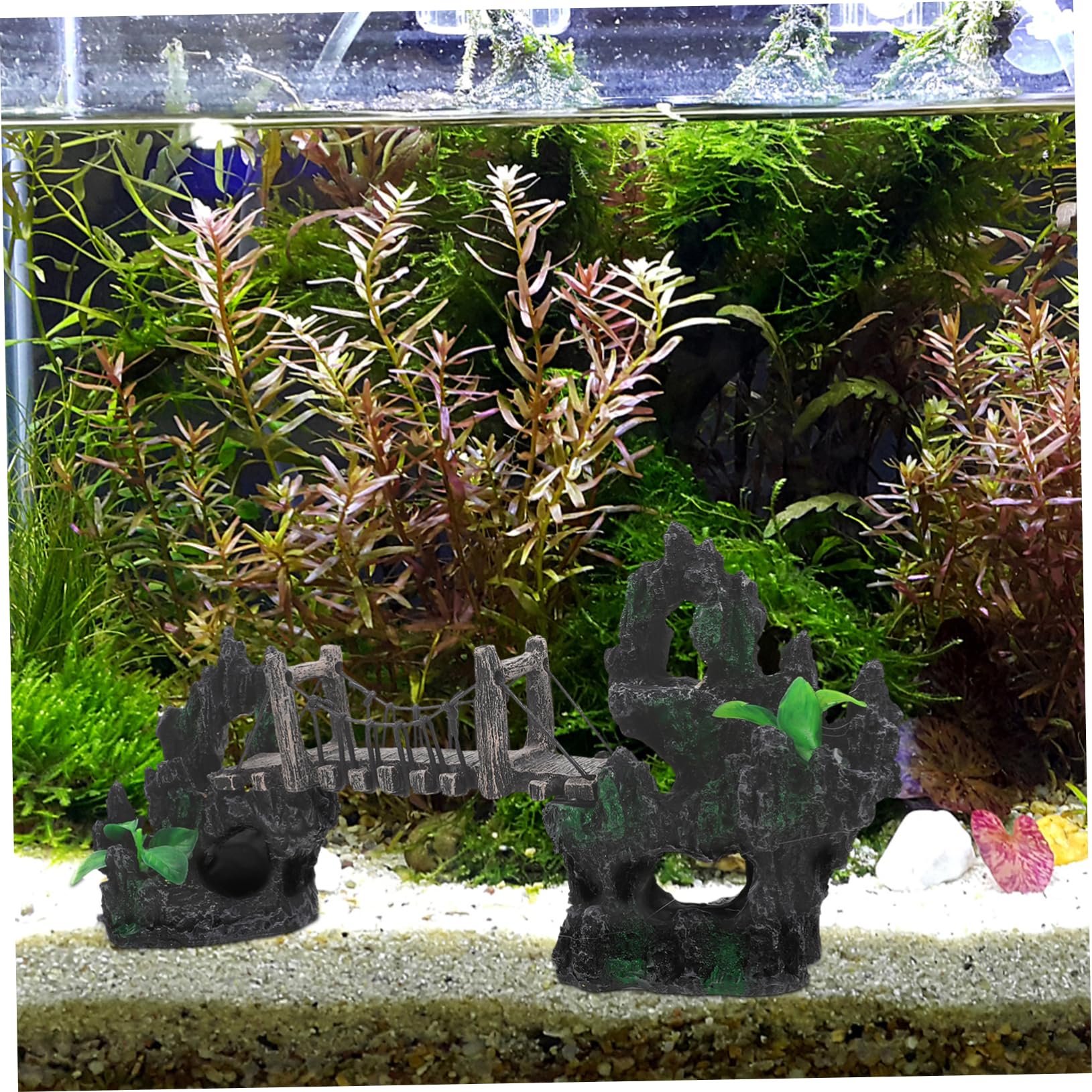 Happyyami Decorazione per Acquari Resina con Ponte Sospeso Ornamento Creativo per Pesci Accessorio per Ambienti Acquatici Facile da Installare e Sicuro per Tuoi Pesci