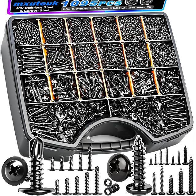 Mxuteuk 1095PCS Kits d'assortiment de vis auto-tappantes, #8#10 410 Vis auto-percevantes de tête en acier inoxydable et M2 M3 M4 Acier au carbone Phillips Pan Head Vis auto-tappantes pour le plastique, Bois