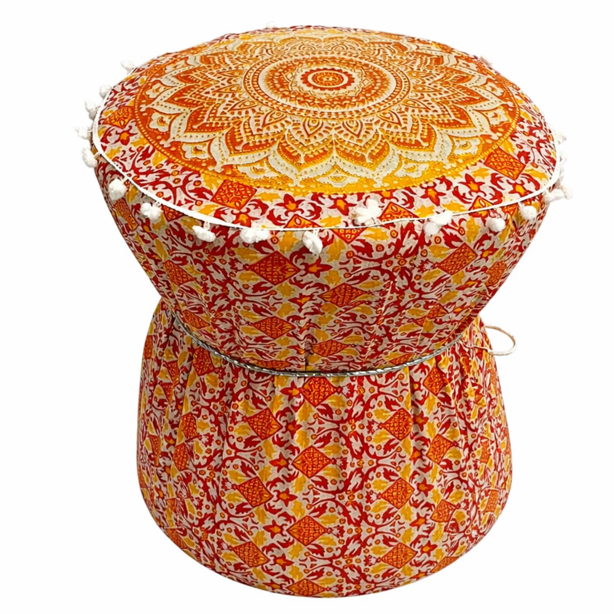 Handmade Boho Pouffe Ottoman Cover Set of 1 – Round Cotton Footstool Mudda Cover with Mandala Print – Orange Yellow Bohemian Home Decor (Cover Only)-image-30
