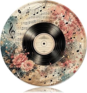 Vinyl Record Music Round Tin Sign, Retro Floral Music Room Wall Decor | 8x8 Inch, Retro Floral‑Music Round Metal Wall Art for Music Room Studio Home Decoration