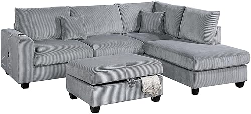 Contemporary 2-Piece XL Sectional Set Plush Corduroy Fabric RAF Round Chaise LAF Sofa with Pillows Modular L-Shaped Couch Living Room