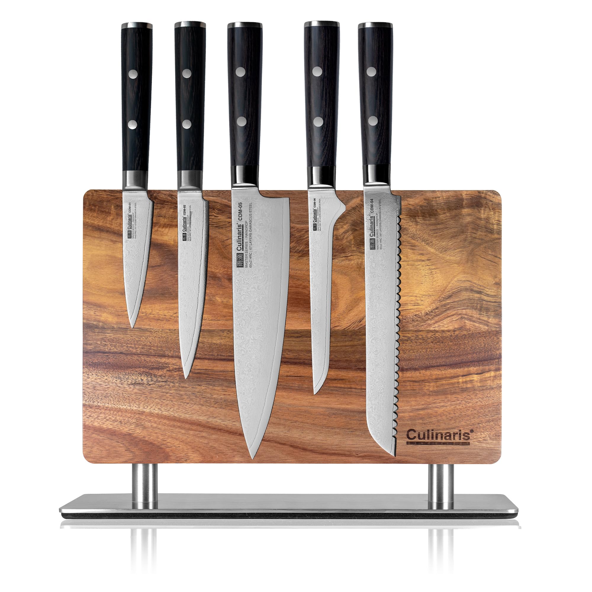 Magnetisch-Messerblock mit Edelstahlfuss | beidseitig magnetisch | für bis zu sechs Messer pro Seite| Klingenlänge bis 21 cm | elegantem Akazienholz | (ohne Messer geliefert) | Culinaris
