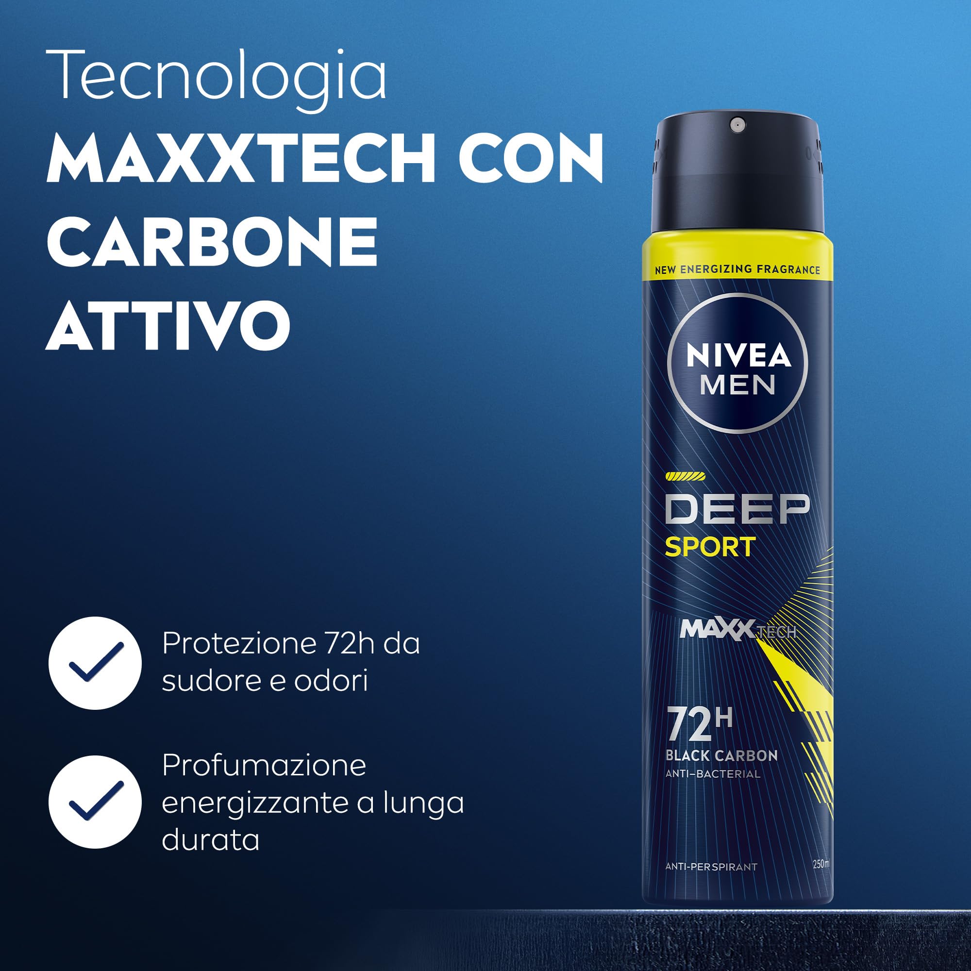 NIVEA MEN Deep Sport Spray 150 ml, Deodorante uomo arricchito con Carbone Attivo per 72h di protezione, Deodorante spray antitraspirante per l'attività sportiva (Confezione da 4)