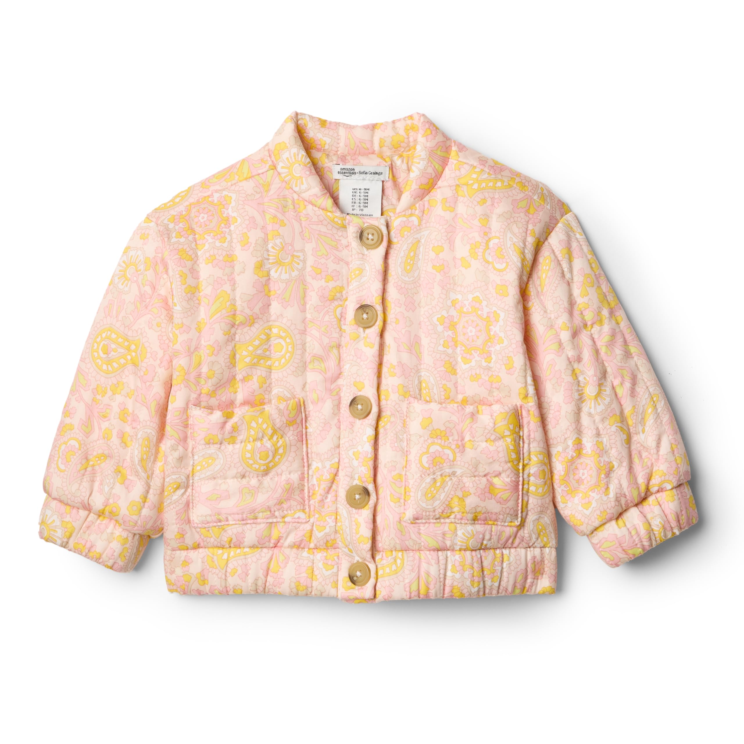 Amazon Essentials x Sofia Grainge Baby Girls' Quilted Jacket, Shell Pink Ornate Paisley, 18 Months