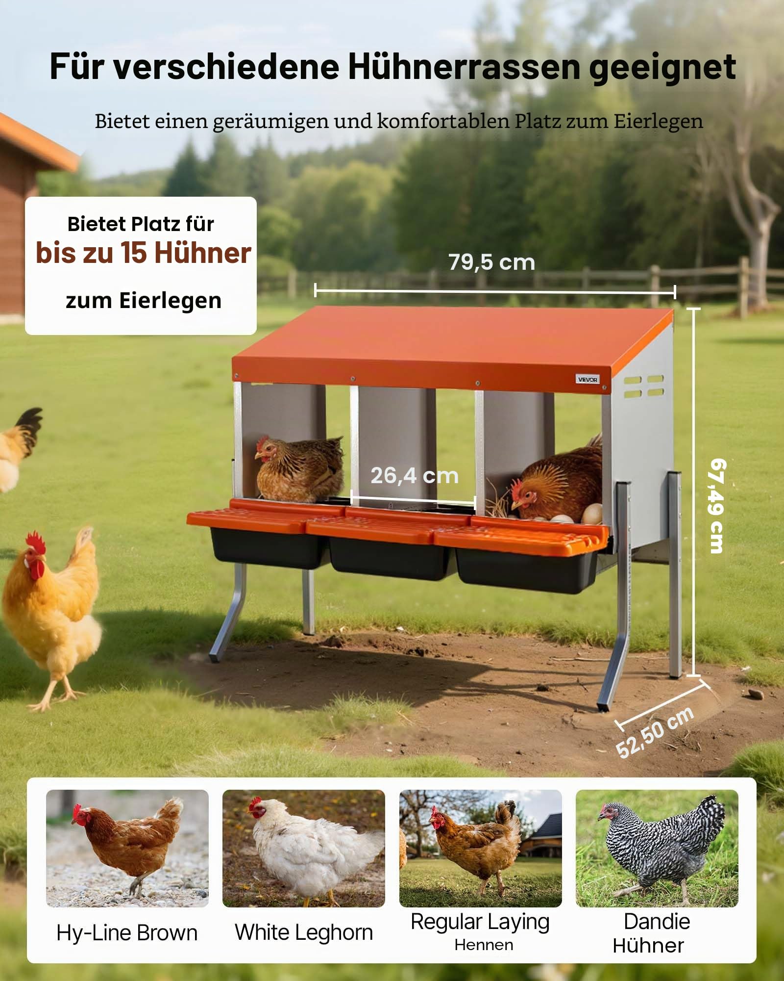 VEVOR Legenest 795x525x675 mm, 3 Fächer, Hühnernest aus Metall mit Stützbeinen & Lüftungslöchern, Geflügelnester, Abrollnest, ideal für Hennen, Enten, Hühner & anderes Geflügel