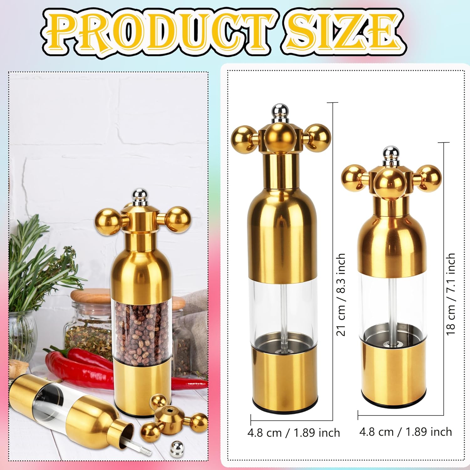 4 Pcs Salt and Pepper Grinder Faucet Stainless Steel Manual Refillable Salt Pepper Mill for Home Kitchen Restaurant Seasonings Barbecue, 2 Sizes, 2 Colors