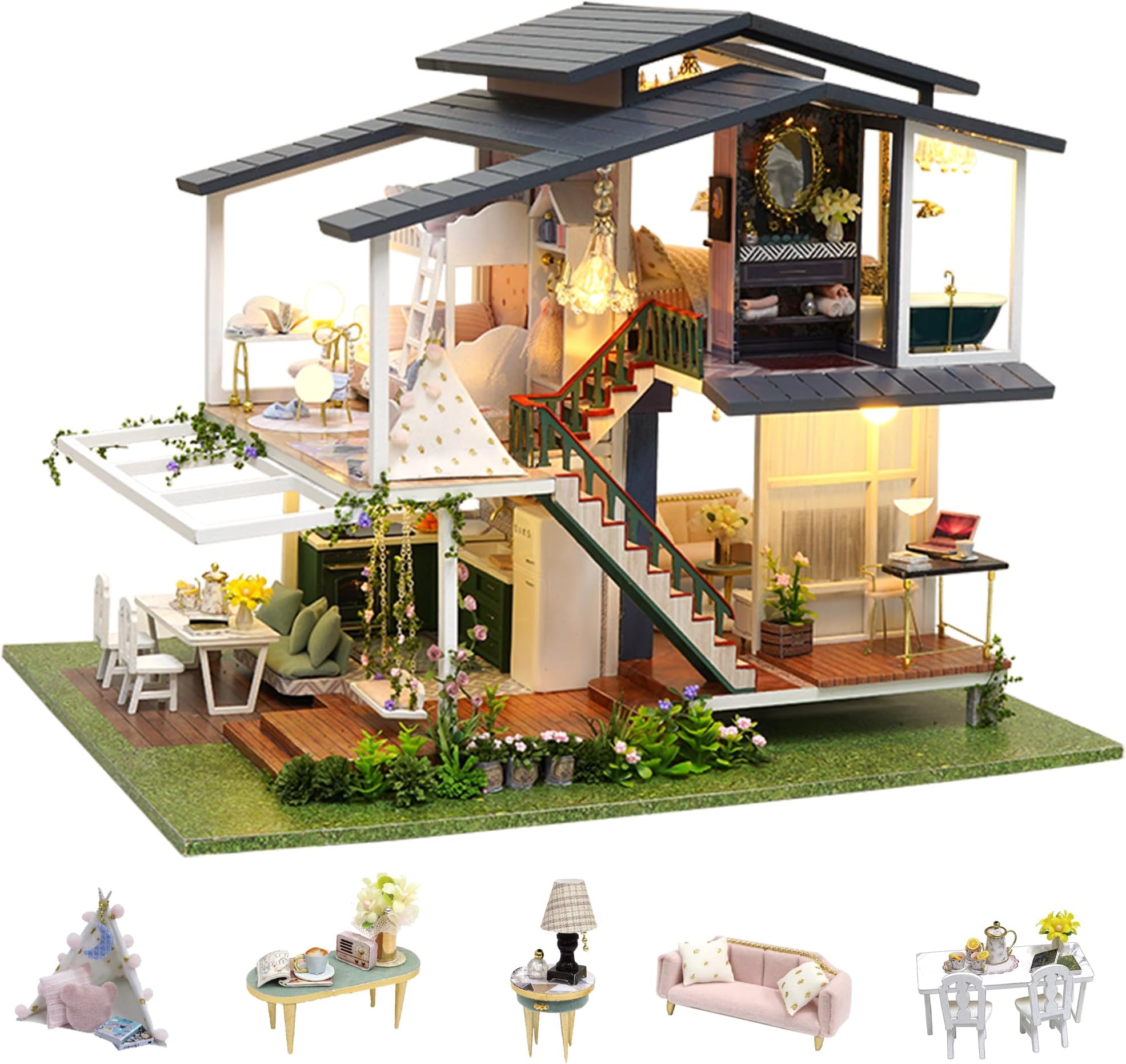 Dollhouse Miniature DIY House Kit Creative Room with Furniture for Romantic Artwork Gift (Monet Garden)