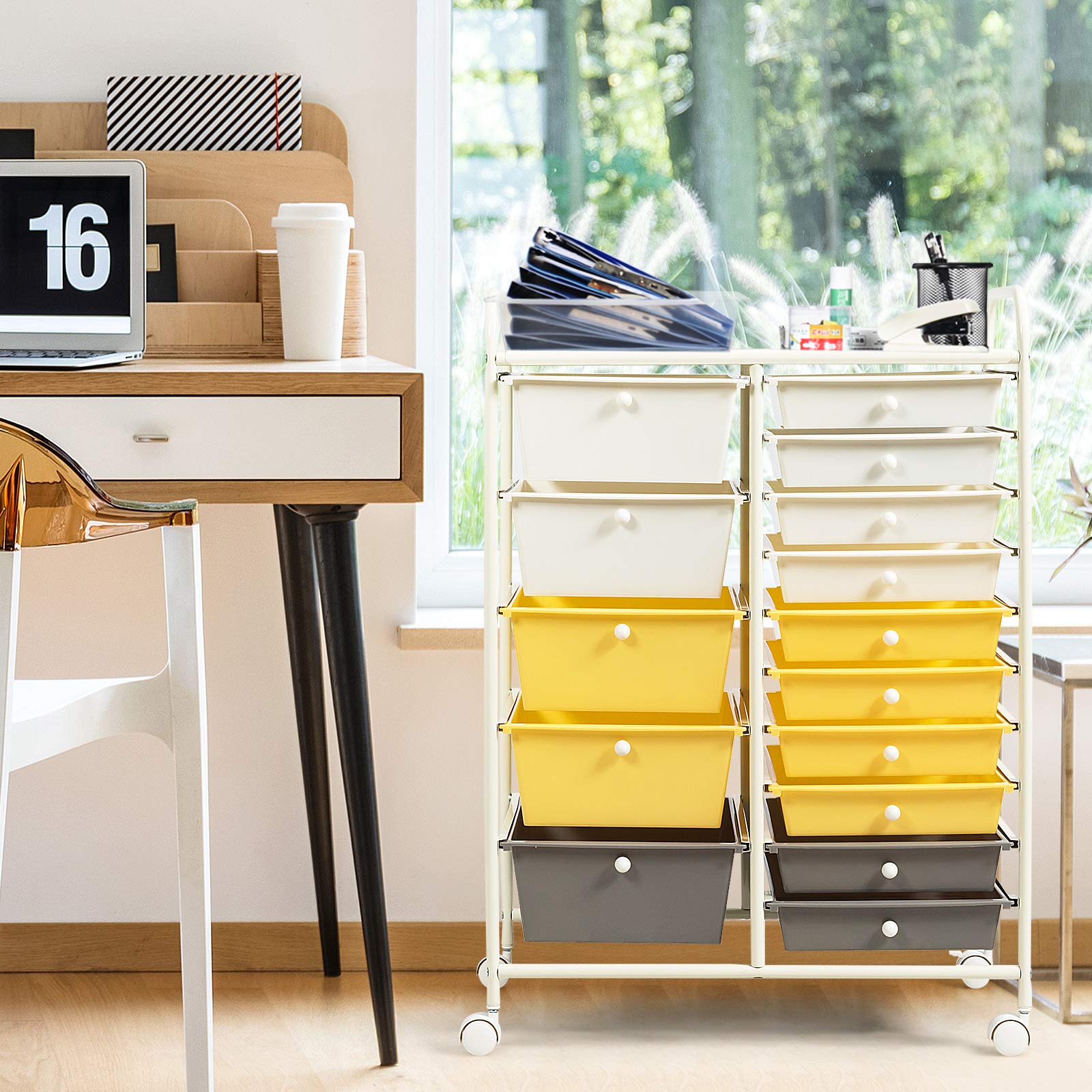 GIANTEX 15 Tiroirs Chariot de Rangement,Tour de Rangement Bureau sur Roulettes, Multifonctionnel Desserte à Roulettes Verrouillables avec Cadre Métal, pour Salon,Chambre 63x37x87CM (Jaune)