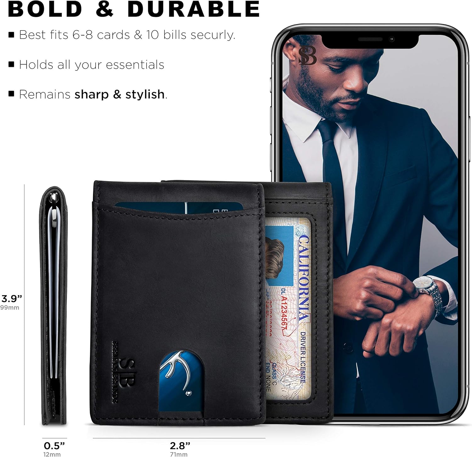 SERMAN BRANDS RFID Blocking Slim Bifold Genuine Leather Minimalist Front Pocket Wallets for Men with Money Clip Thin Gift - Image 5