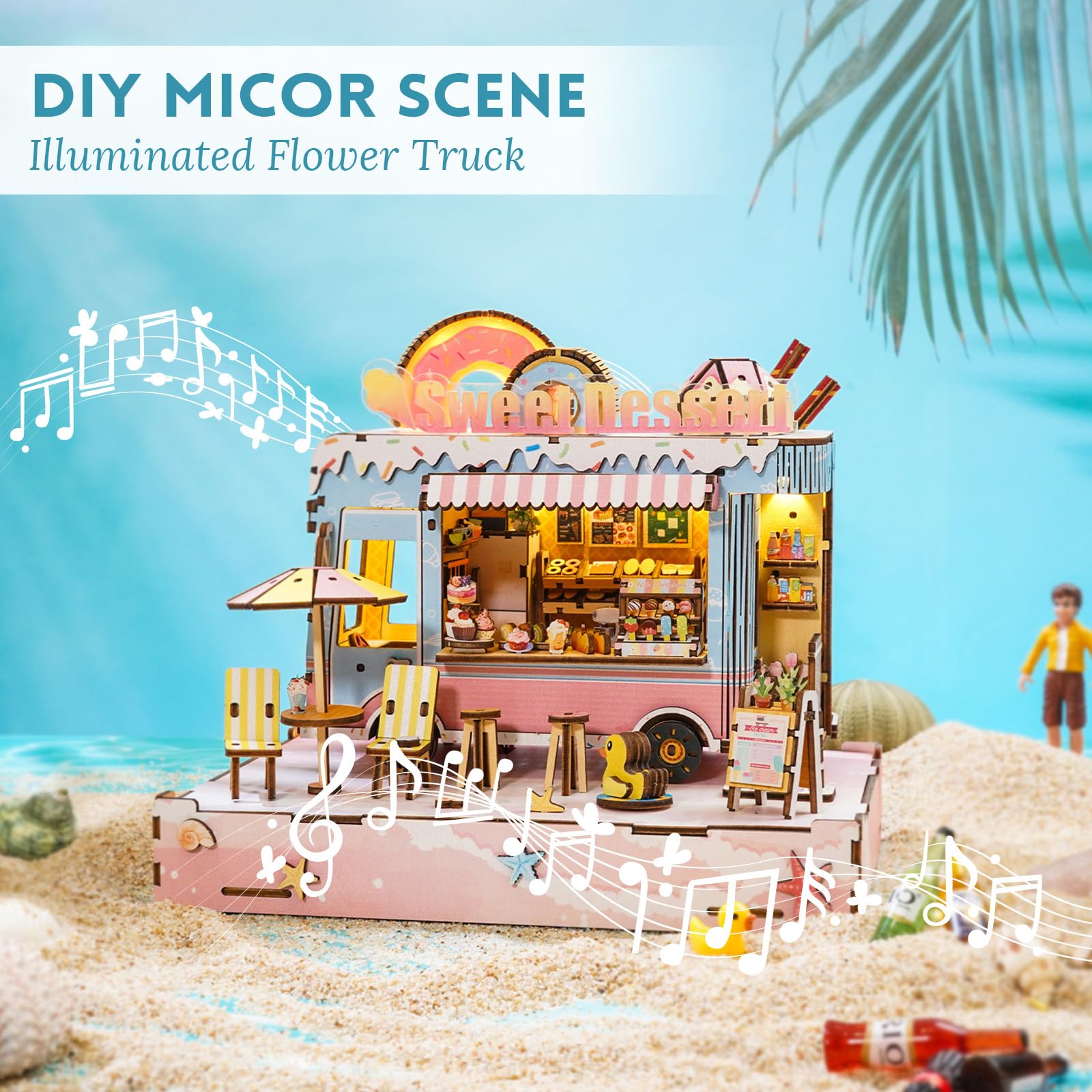 DIY Miniaturhaus Bausatz (Süßspeisen Truck) Winzige Puppenhaus Bausätze für Erwachsene zum Bauen, Mini-Modellbausätze mit LED&Spieluhr&Staubschutzhülle, Holz Bastelpuzzles, Geschenke für Familie