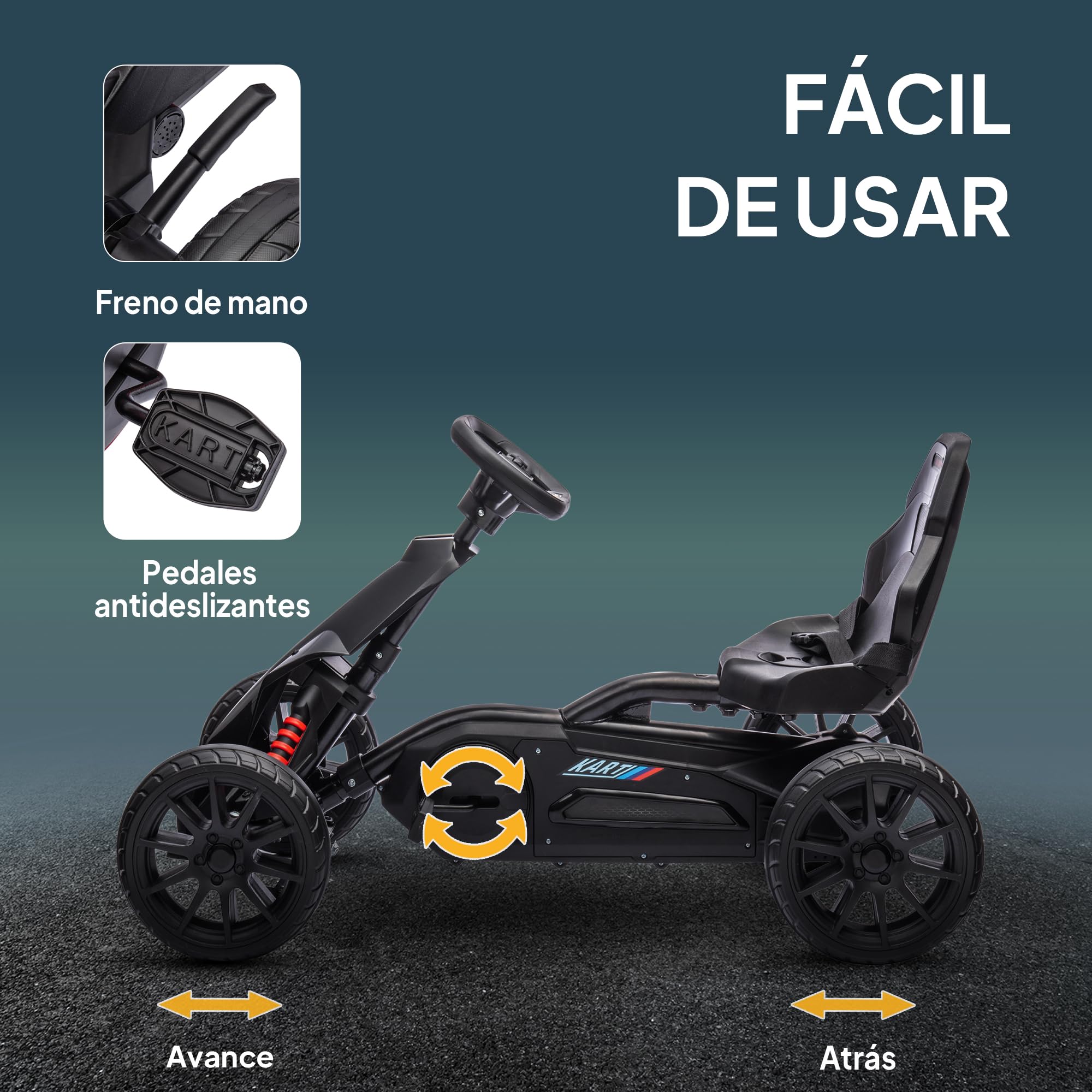 HOMCOM Kart Pedales Go Kart a Pedales para Niños de 3-8 Años con Asiento Ajustable en 4 Posiciones Freno de Mano Ruedas de EVA y Marco Metálico Carga 30 kg Negro