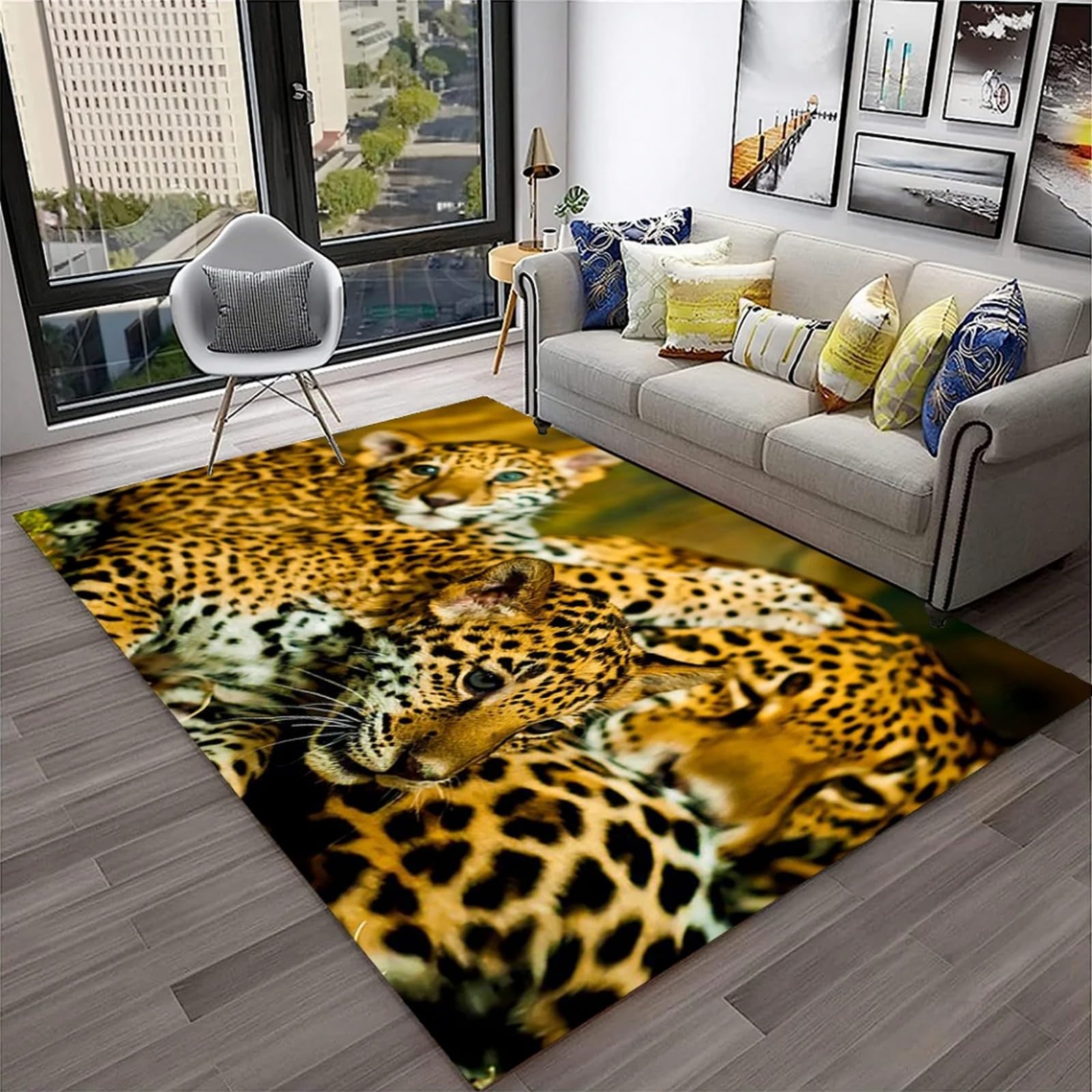 Tapis de salon léopard 160x200 cm antidérapant et moderne pour grand canapé