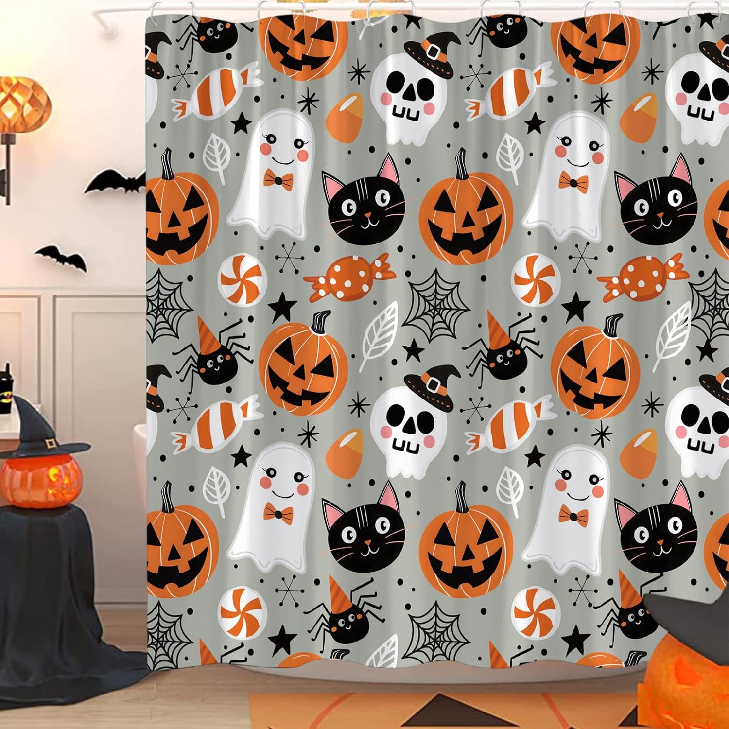 Happy Halloween Shower Curtain Cute Cartoon Pumpkin Spooky Ghost Orange Pumpkin Head Icons Funny Black Cat Spider’s Web Skull Skeleton Witch Hat Fabric Bath Curtain Set with Hook