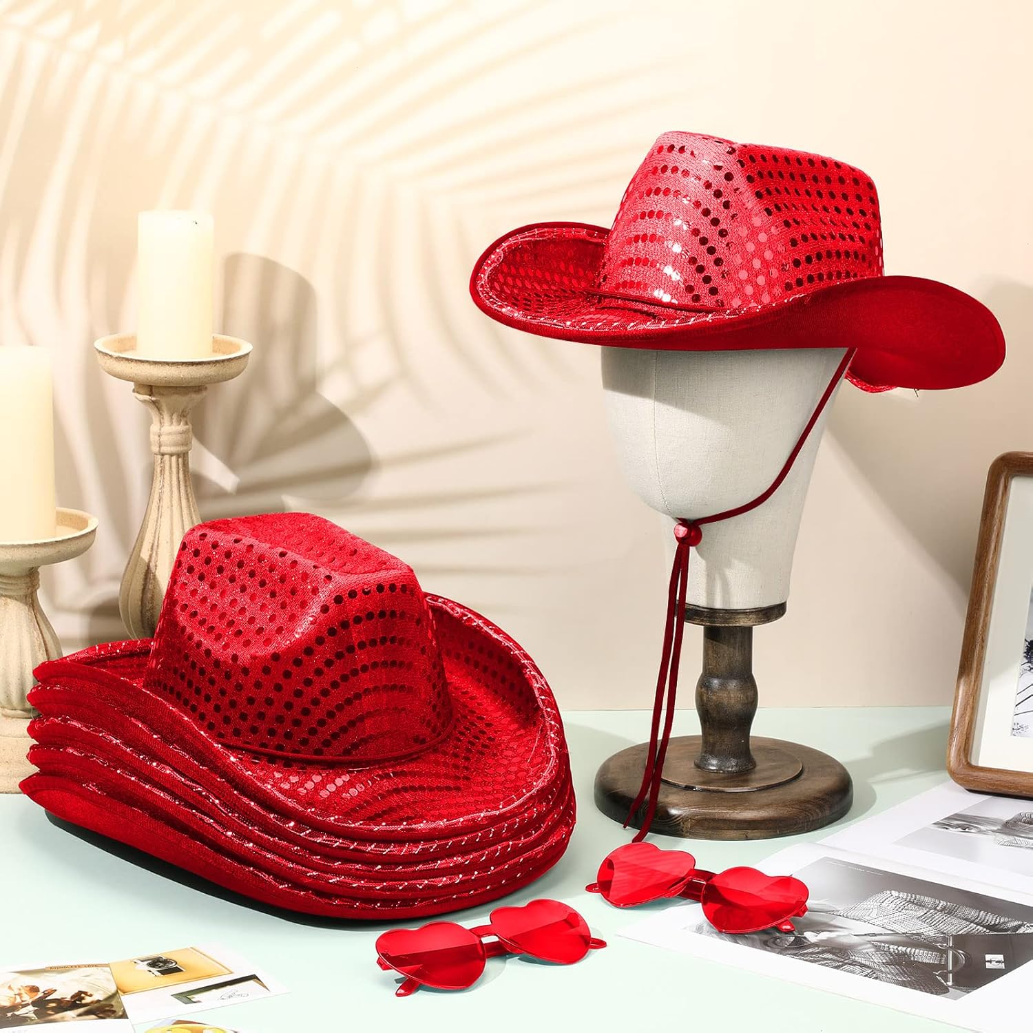 Zhanmai 6 Set LED Cowboy Hat Light Up Glitter Cowboy Hat with Sunglasses Sequin Space Cowgirl Hat for Women Men Costume - Image 7