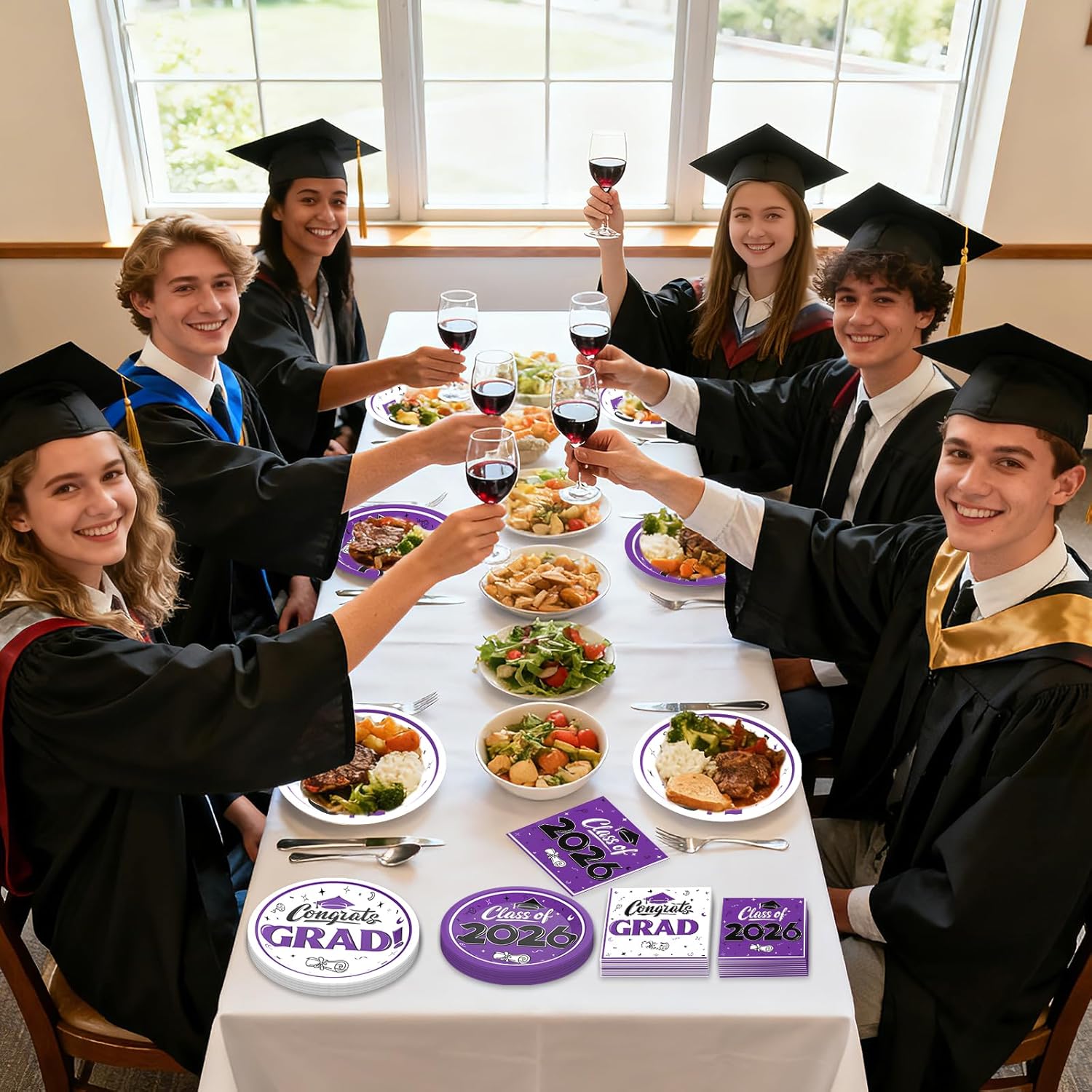 Graduation Decorations 2026, 200 Pcs Class of 2026 Graduation Party Supplies Kit with Paper Plates, Luncheon and Cocktail Napkins, Congrats Grad Decorations for 50 Guests (Purple)