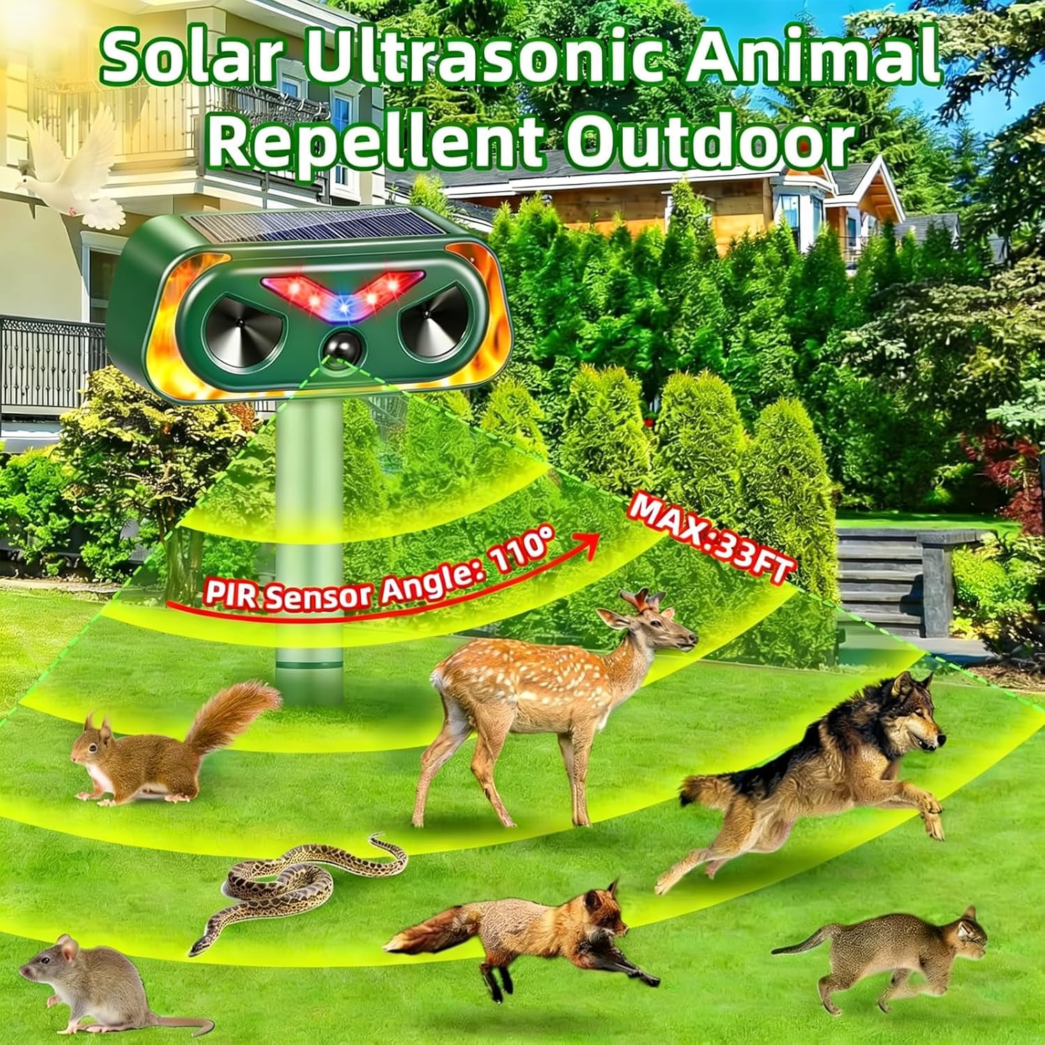 Répulsif Chat Ultrason, Repulsif Chat Exterieur 2 Modes, IP68 Imperméable, Répulsif pour Chats Solaire avec LED Détecteur pour Anti Chats Chiens Souris Ratons Animaux de Jardin