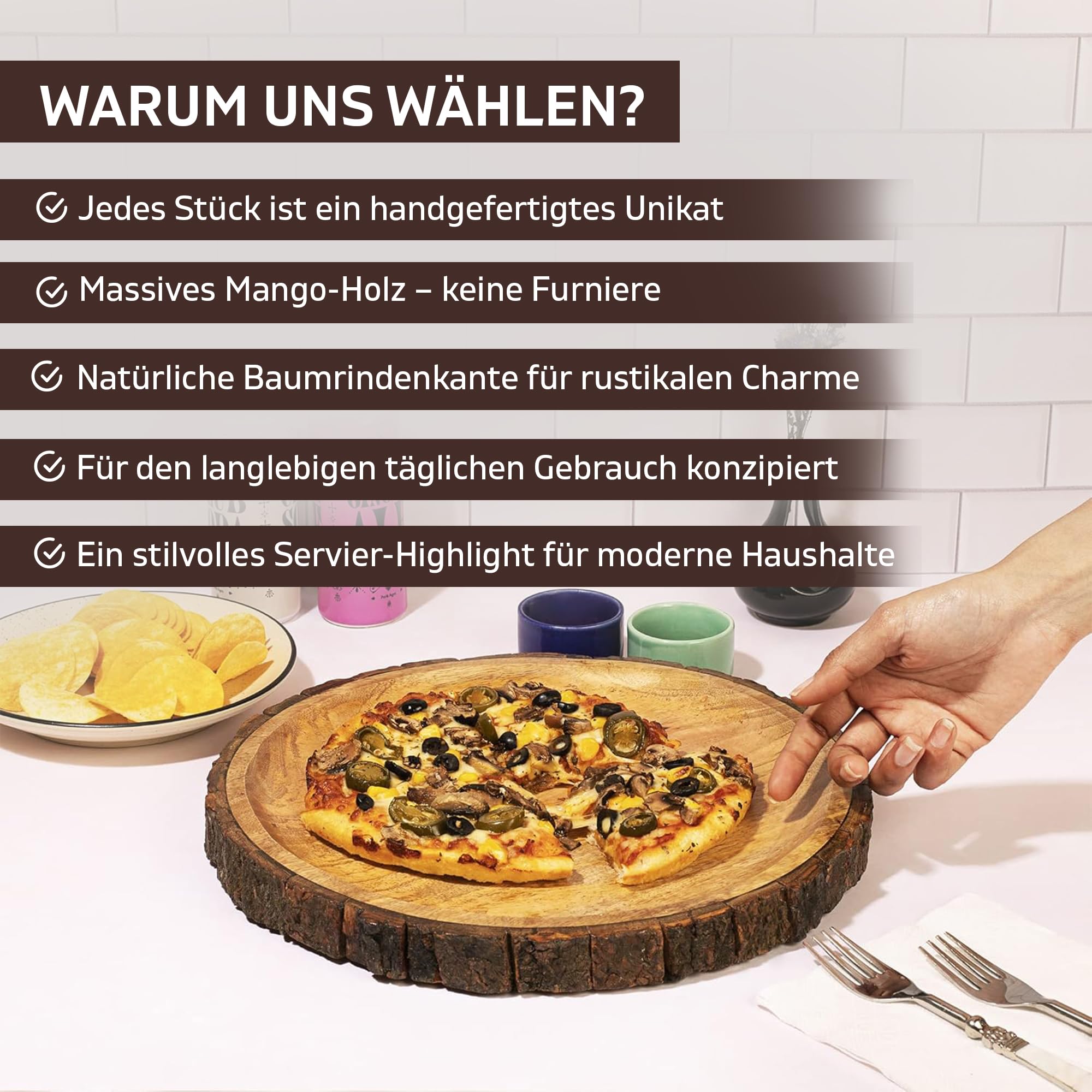 GoCraft Runde Servierplatte aus Holz mit Baumrinde an den Kanten, Mangoholz-Pizzateller, Servierbrett, Charcuterieplatte, 33 cm