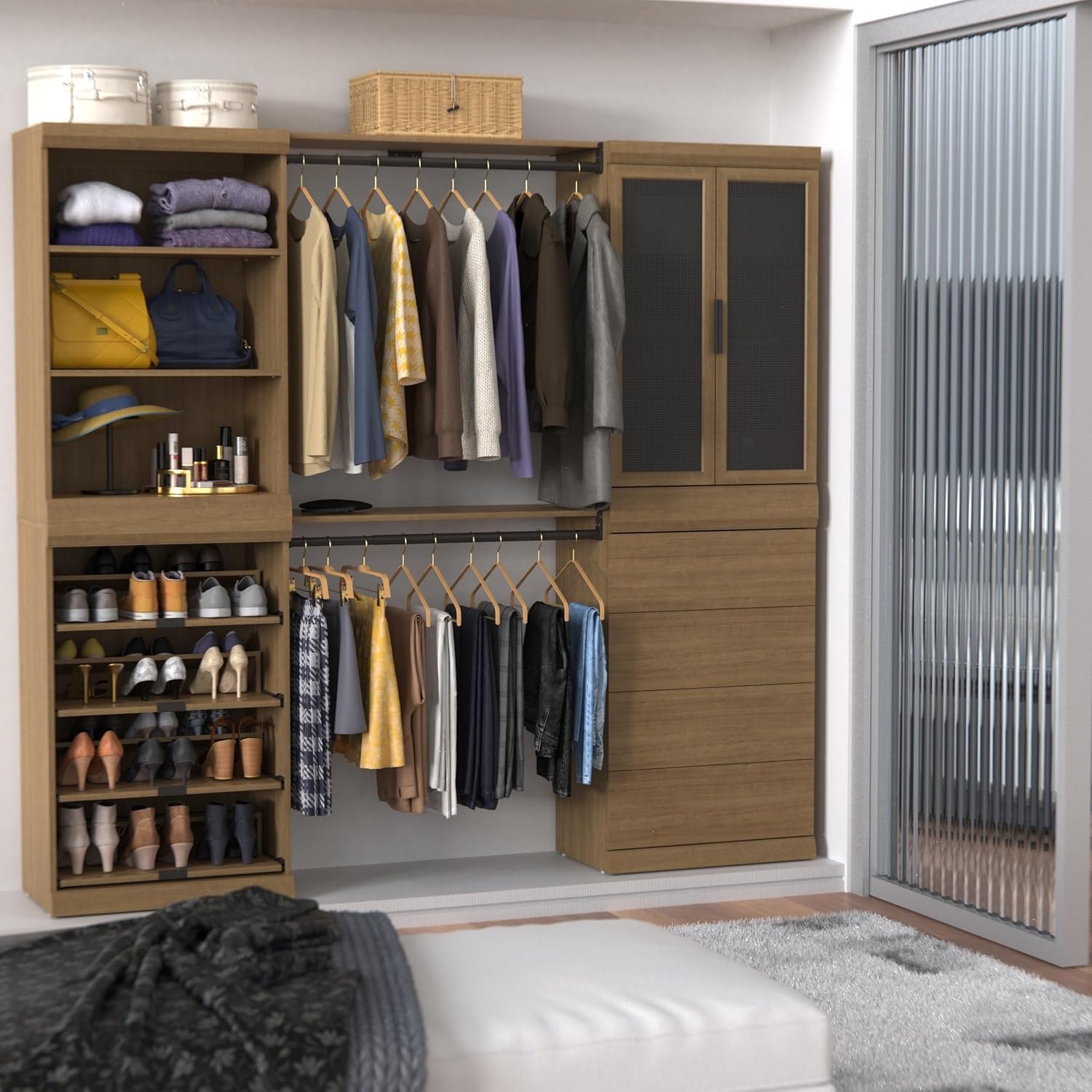 ClosetMaid Mosaics Storage Organizer Kit Includes; (1) Shelf & Door Unit, (1) 3-Shelf Unit, (1) Shoe Shelf Unit, (1) 4-Drawer Unit, and (2) Shelf & Rod Units, Toasted Oak