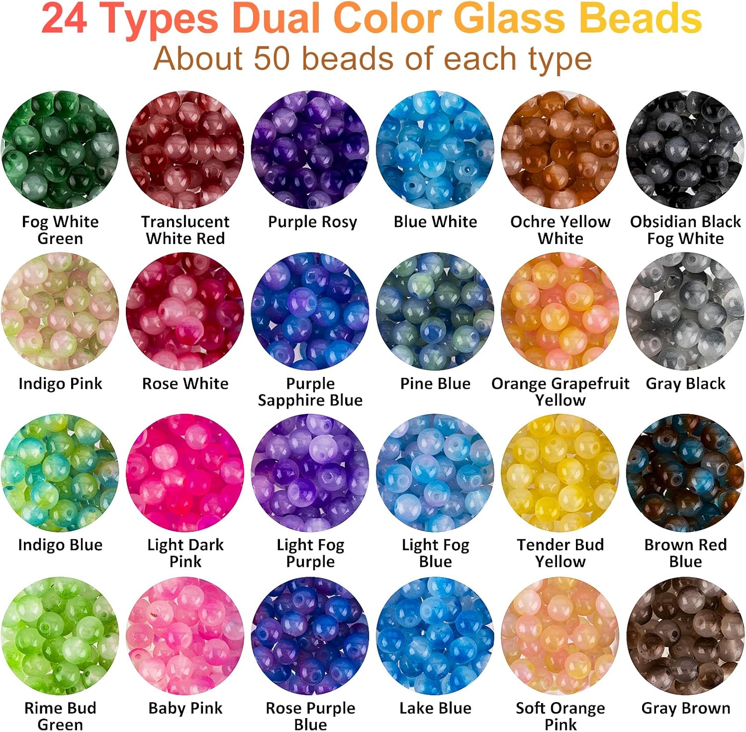 XSEINO About 1200+ PCS 6mm Double Colors Style Glass Beads Bracelet Making Kit,24 Assorted Double Colors Series Crystal Beads for Jewelry Making and DIY Crafts, Friendship Bracelets - Image 3