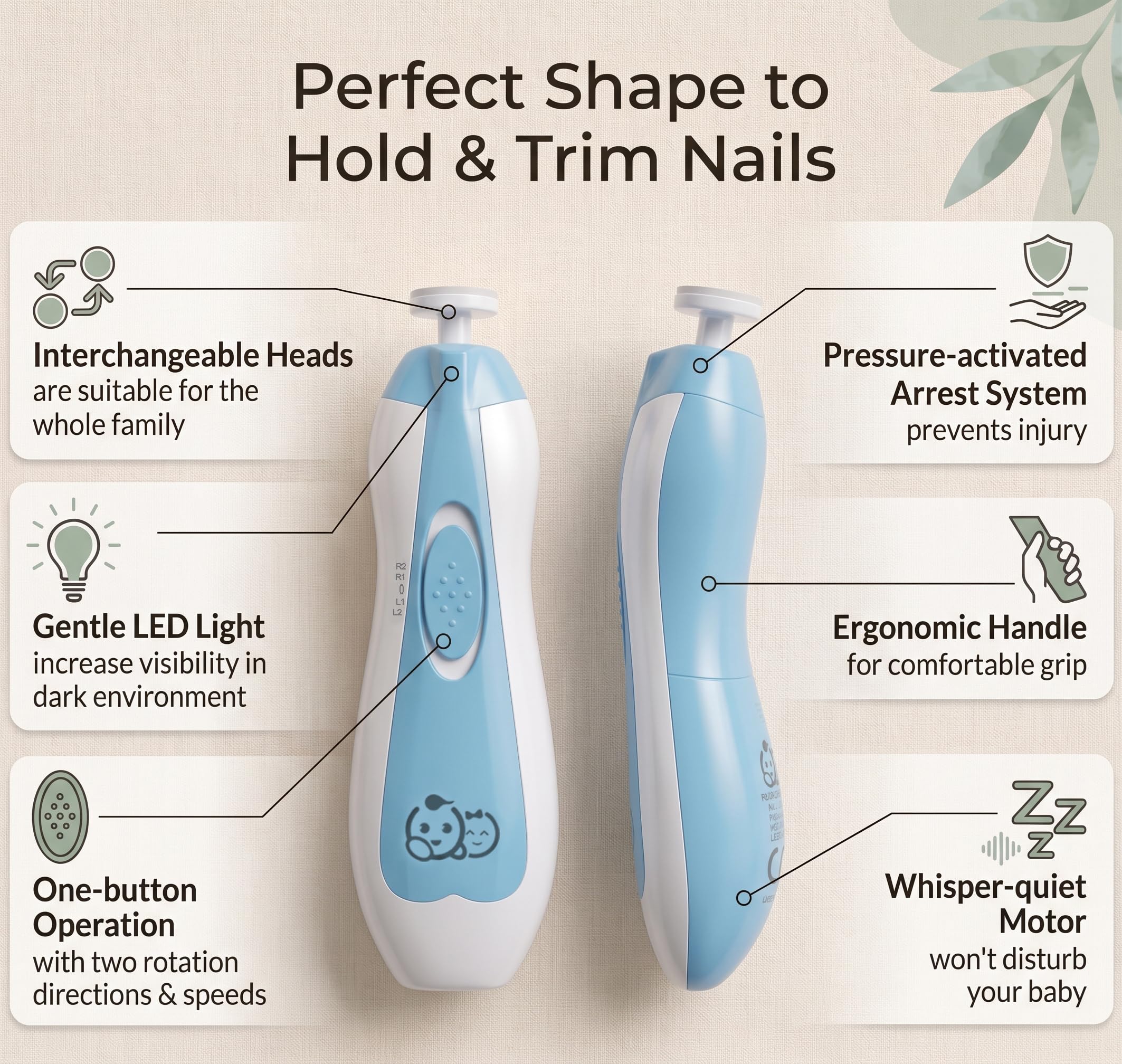 Royal Angels Upgraded 21 in 1 Baby Nail Trimmer with Labeled Case, 12 Extra Replacement Pads, Safe Electric Baby Nail File Kit for Newborns & Toddlers, Whisper Quiet Nail Clipper with LED Light (Blue) — Amazon image 6