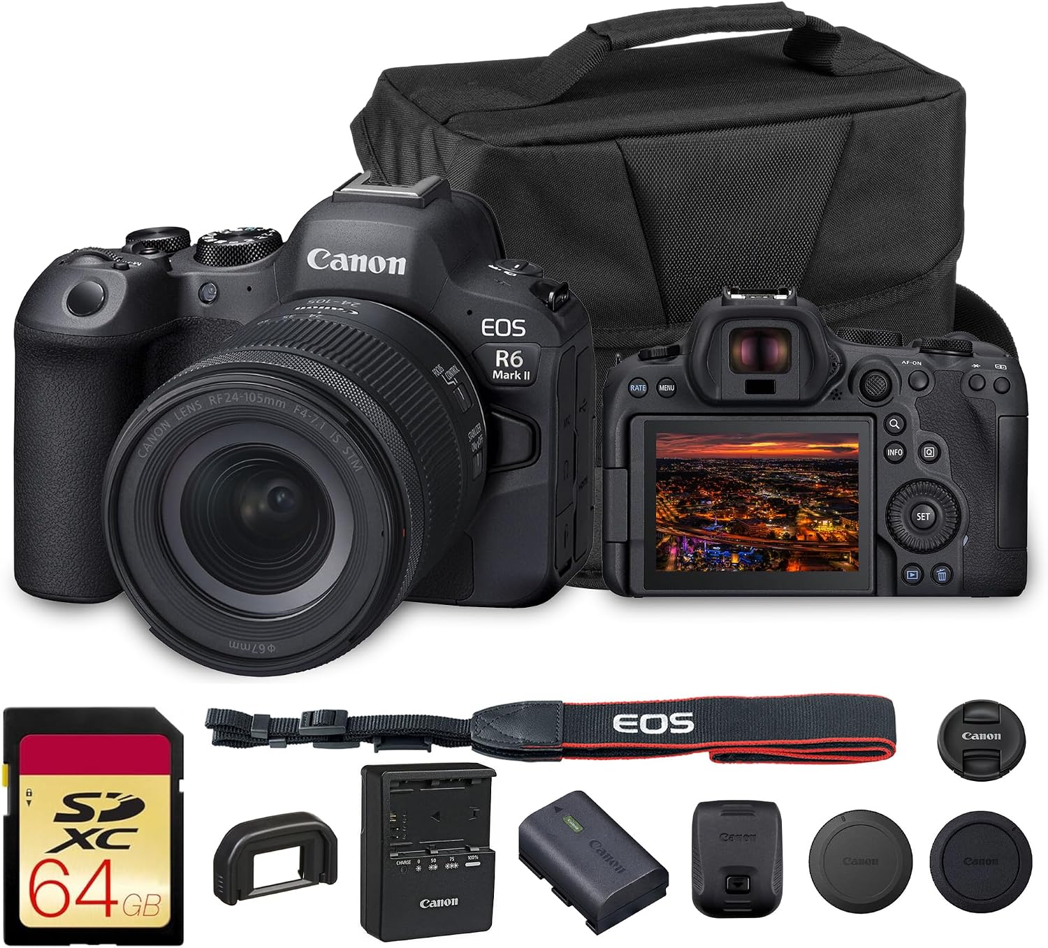 EOS R6 Mark II Mirrorless Camera with 24-105mm Lens Bundle | For Photography & Video | 24.2MP Full-Frame Mirrorless Camera | 4K 60p Video + 64GB Memory Card + Camera Bag