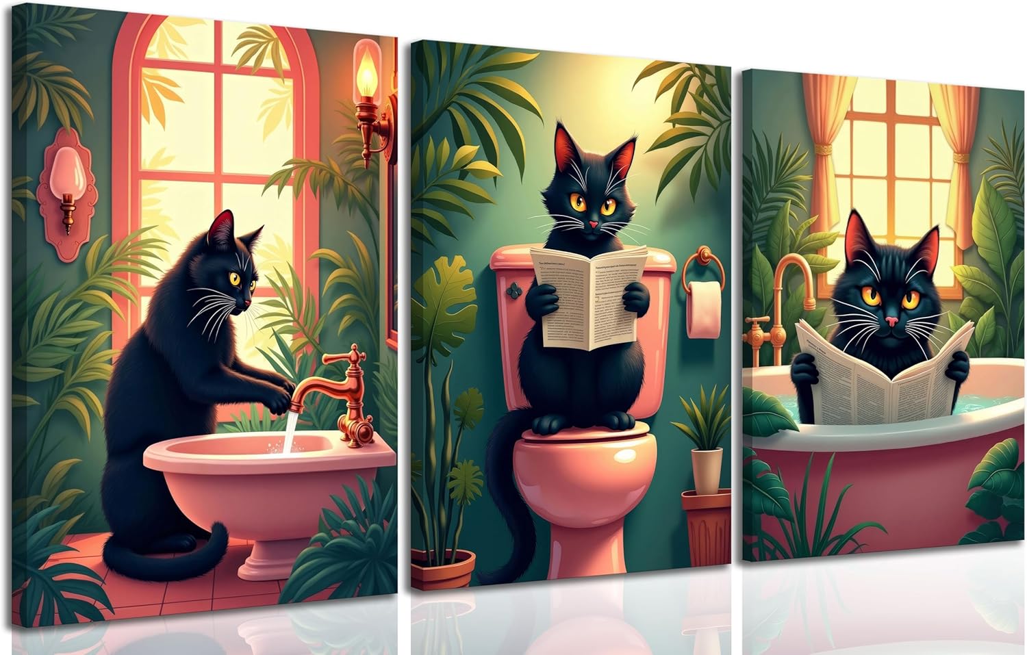 3Pcs Funny Black Cat Bathroom Canvas Wall Art Vintage Cat Wash Its Paws Reading Newspaper Wall Decor Pictures Green Botanical Plant Animal Bathroom Posters Prints Painting for Toilet Home Decorations