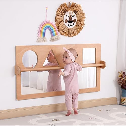 Baby Early Learning Shatter-Resistant Safety Mirrors w/Pull Up Bar, Infants Exploration Set, Toddlers Montessori Classroom Furniture for Daycare, Preschool and Nursery (Natural, Standard)