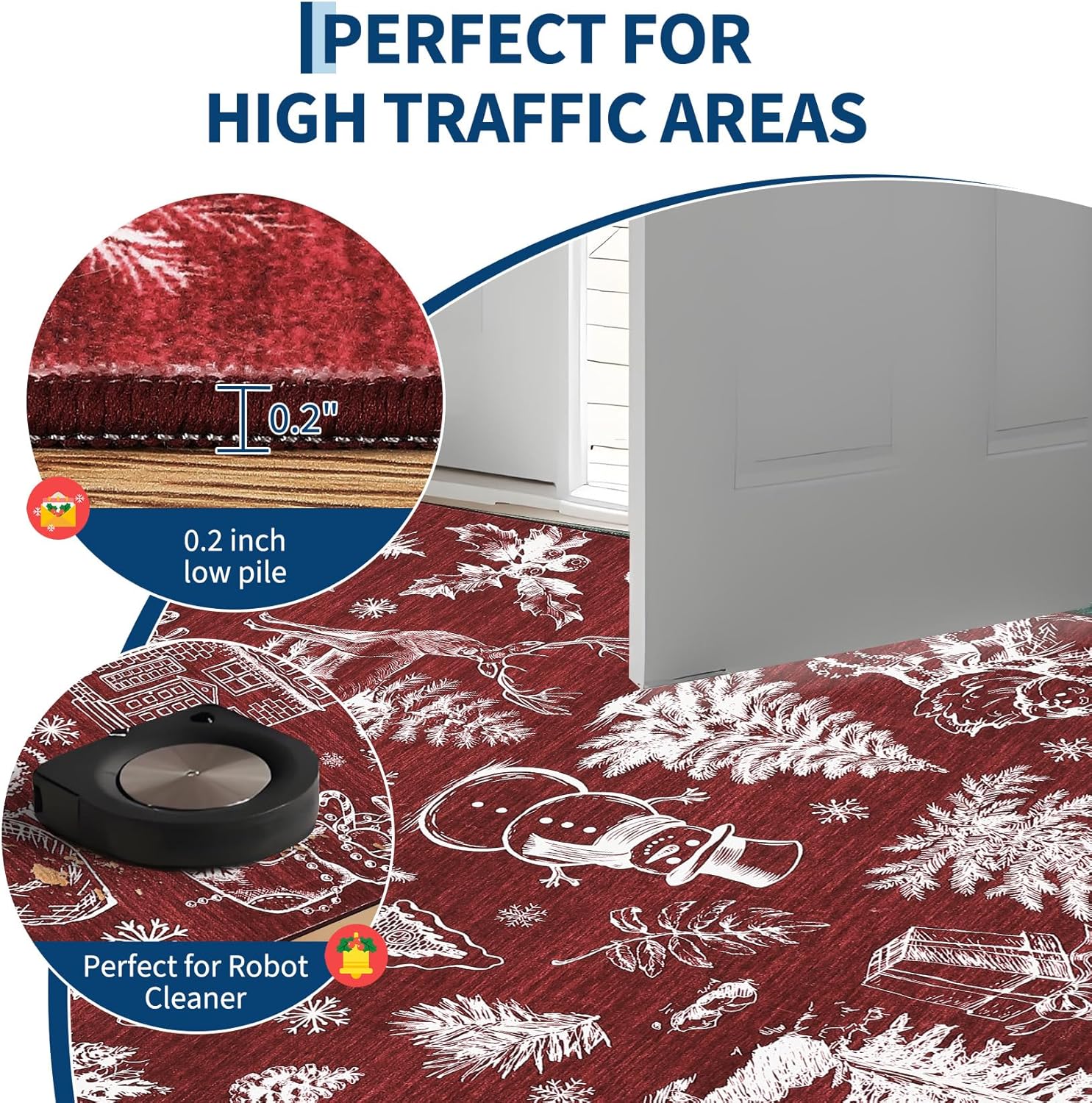 Christmas Rug Runner 2x6 Machine Washable Area Rugs for Entryway Modern Pinecone＆Christmas Tree Print Floor Cover Non Slip Non Shedding Winter Holiday Rugs for Kitchen Hallway, Red