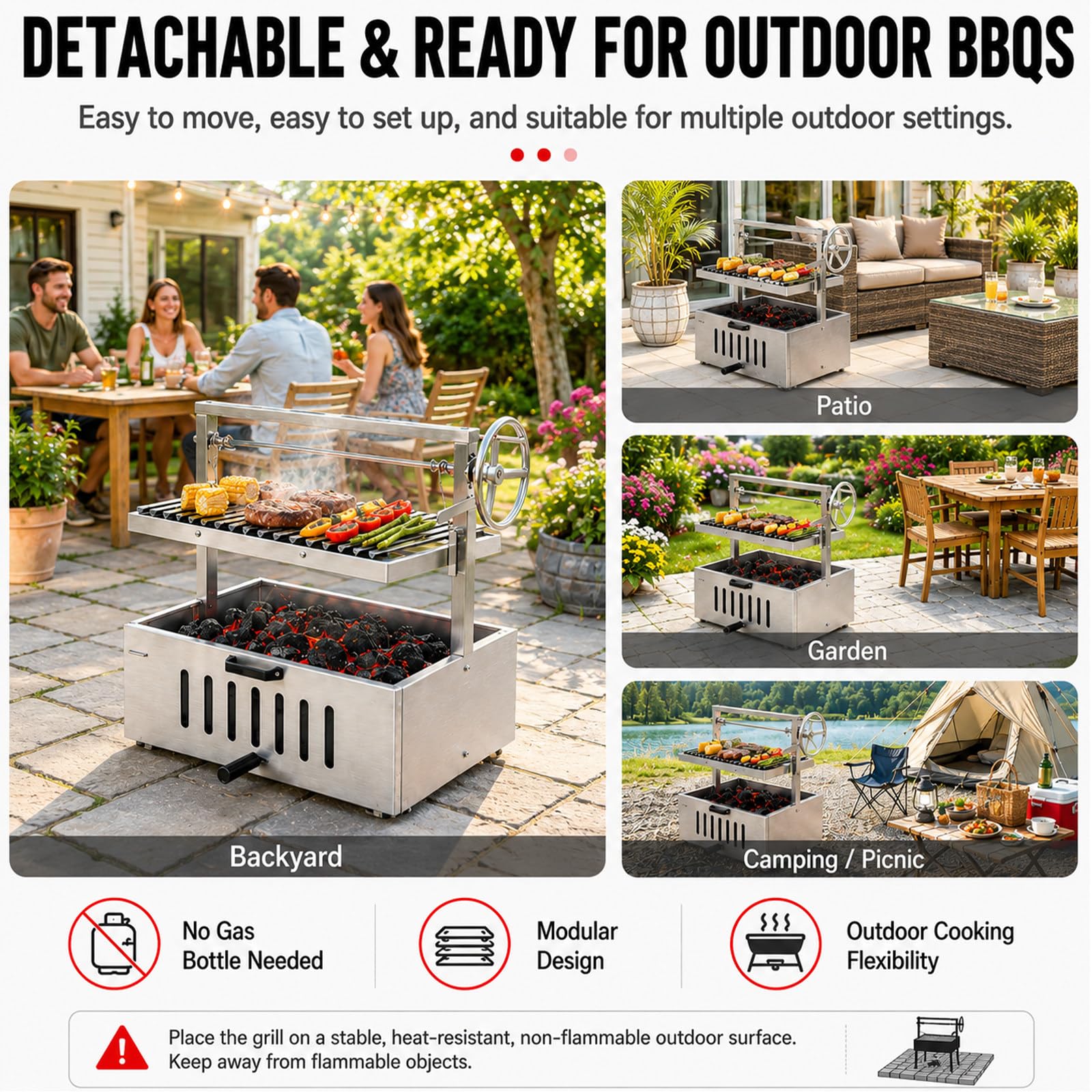 Barbecue A Carbone Smontabile con Griglia 304StainlessSteel | Due Opzioni In Acciaio Inox, Griglia A V E Manovella Laterale Per Una Regolazione Semplice Dell'altezza.