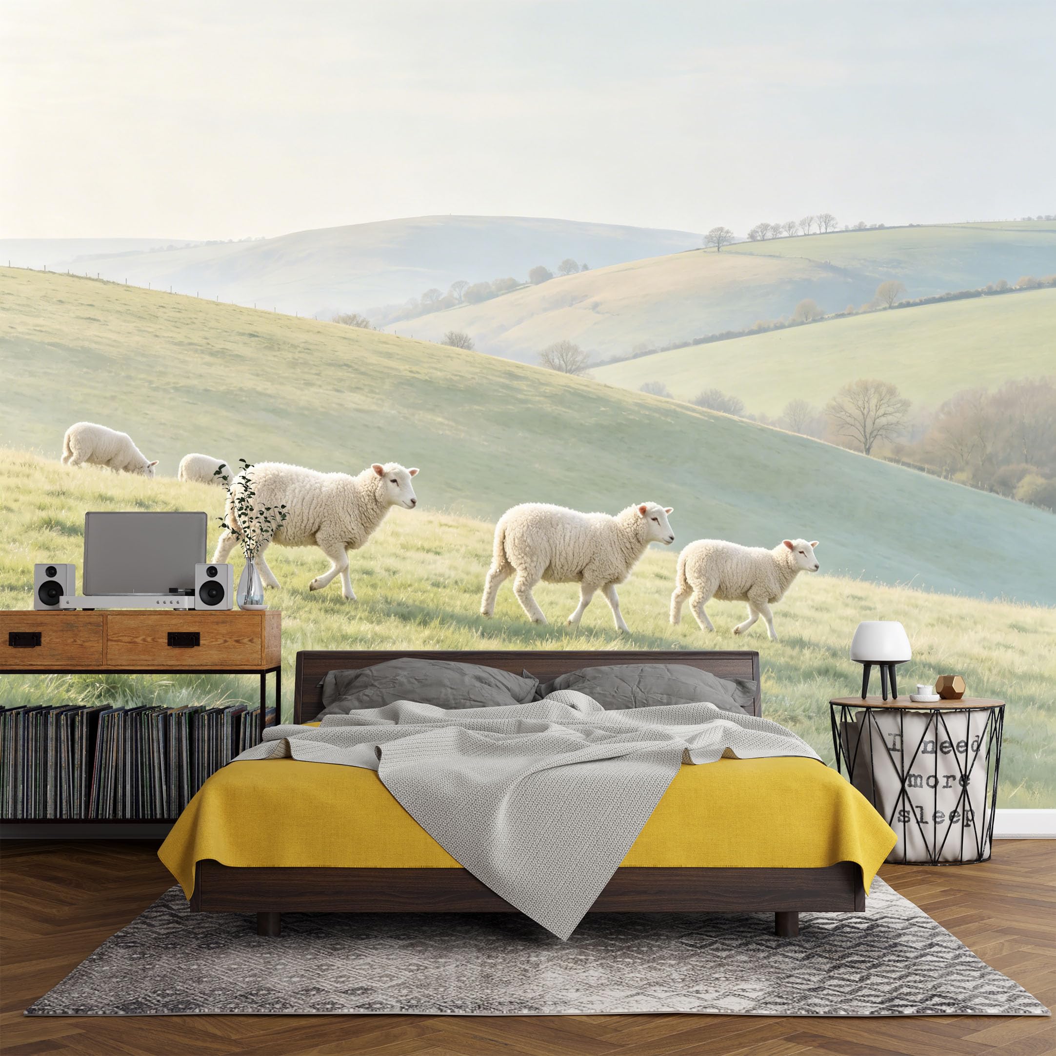 Custom Size Wall Mural， Farmhouse Pastoral Sheep Meadow Hills Landscape Countryside View，SelfAdhesive Art Prints wall Fabric (No PVC) Removable Wallpaper Living Room Decor