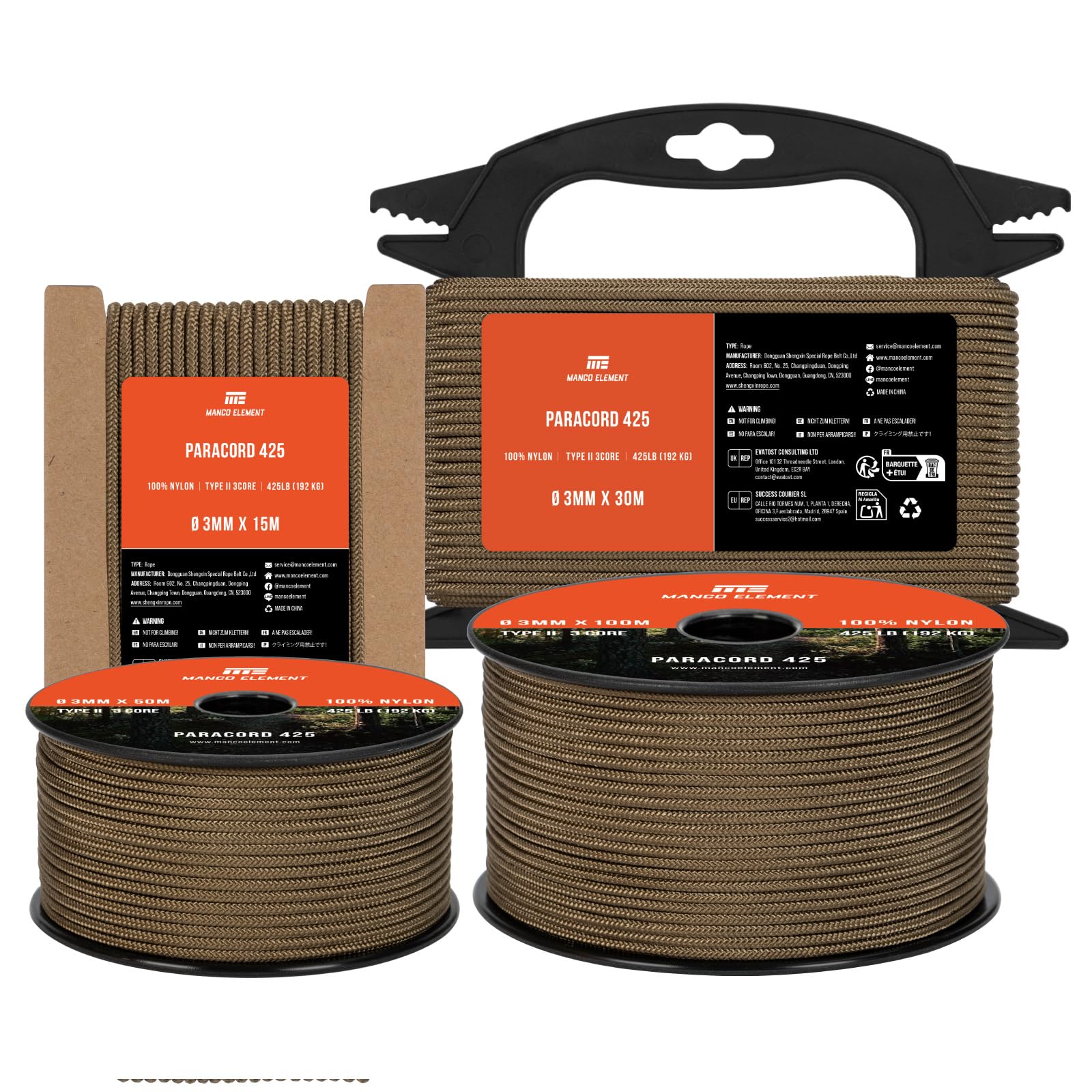 Manco Element 3mm Paracord 425 Type II 30m Mud Brown | 100% Nylon Rope 3 Strands Tactical Cord | Ideal for Outdoor, Camping, Survival, Crafting, DIY